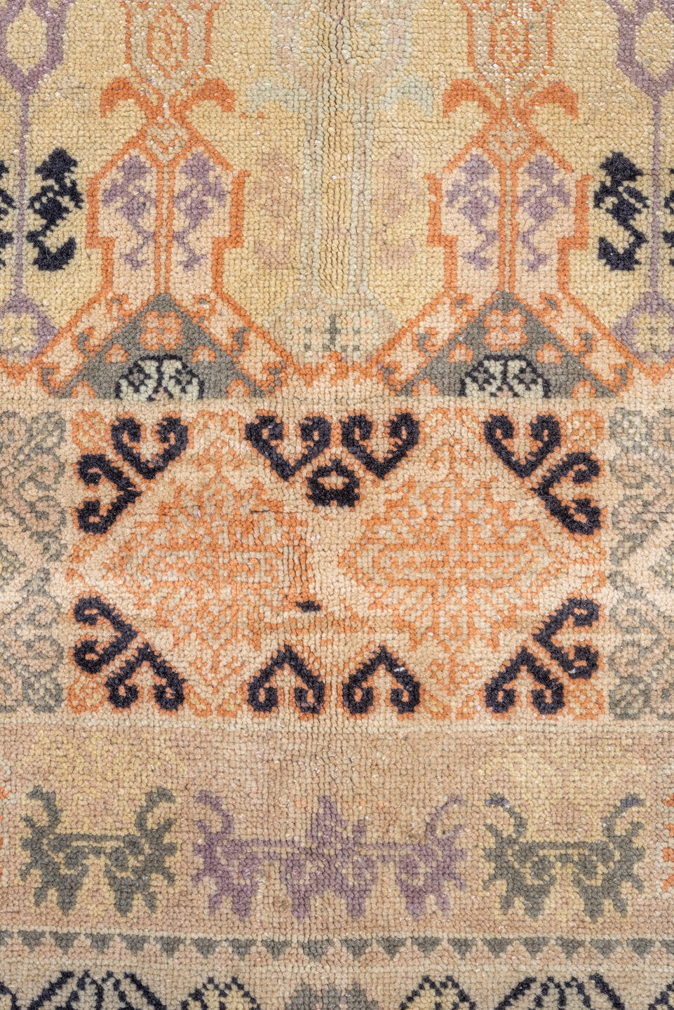 9' x 13' one-of-a-kind handmade antique Moroccan large size rug. Color palette: ivory, lavender, charcoal, peach, slate
