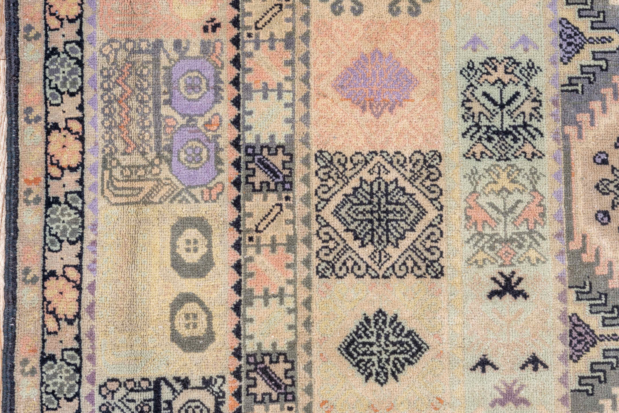 9' x 13' one-of-a-kind handmade antique Moroccan large size rug. Color palette: ivory, lavender, charcoal, peach, slate
