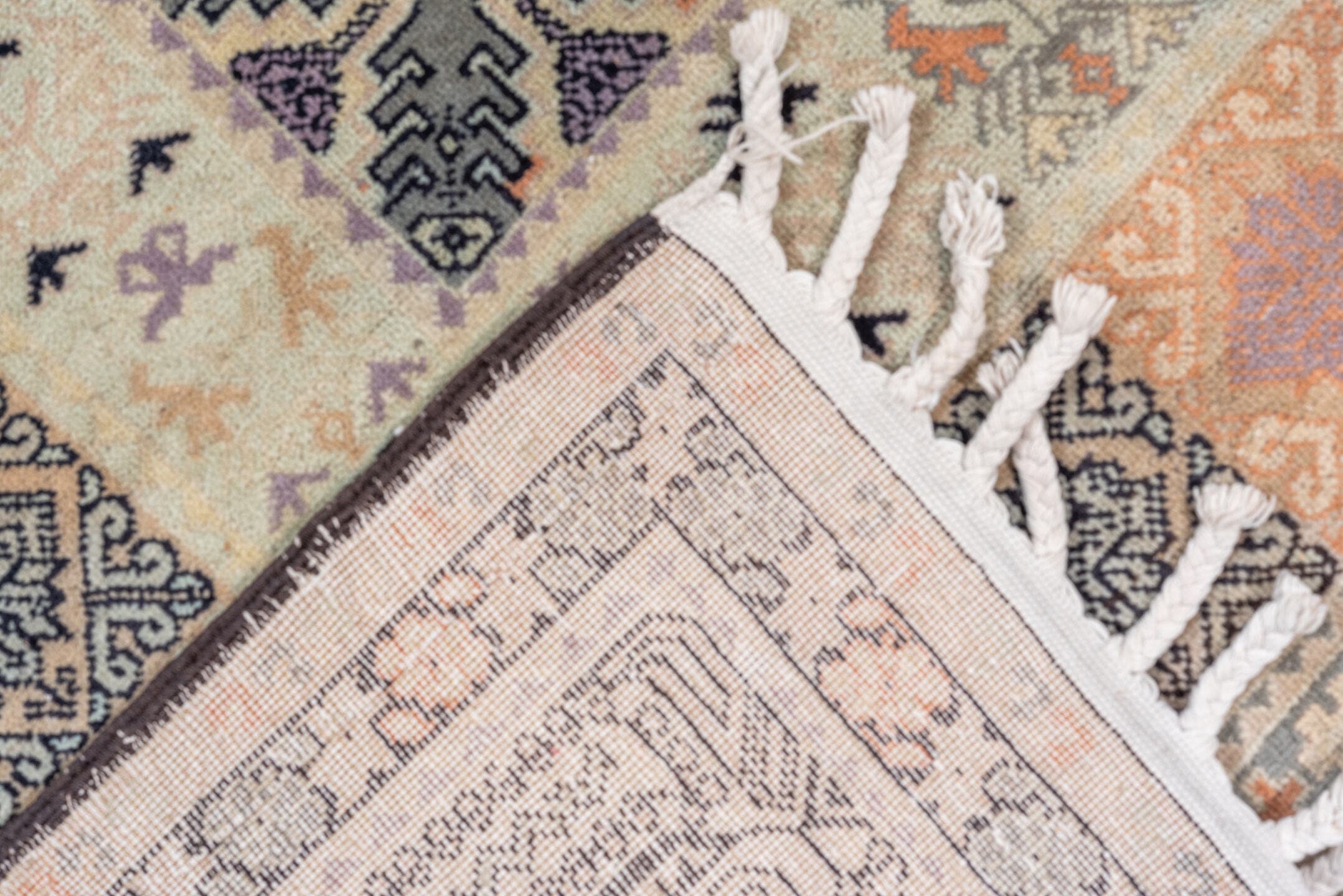 9' x 13' one-of-a-kind handmade antique Moroccan large size rug. Color palette: ivory, lavender, charcoal, peach, slate