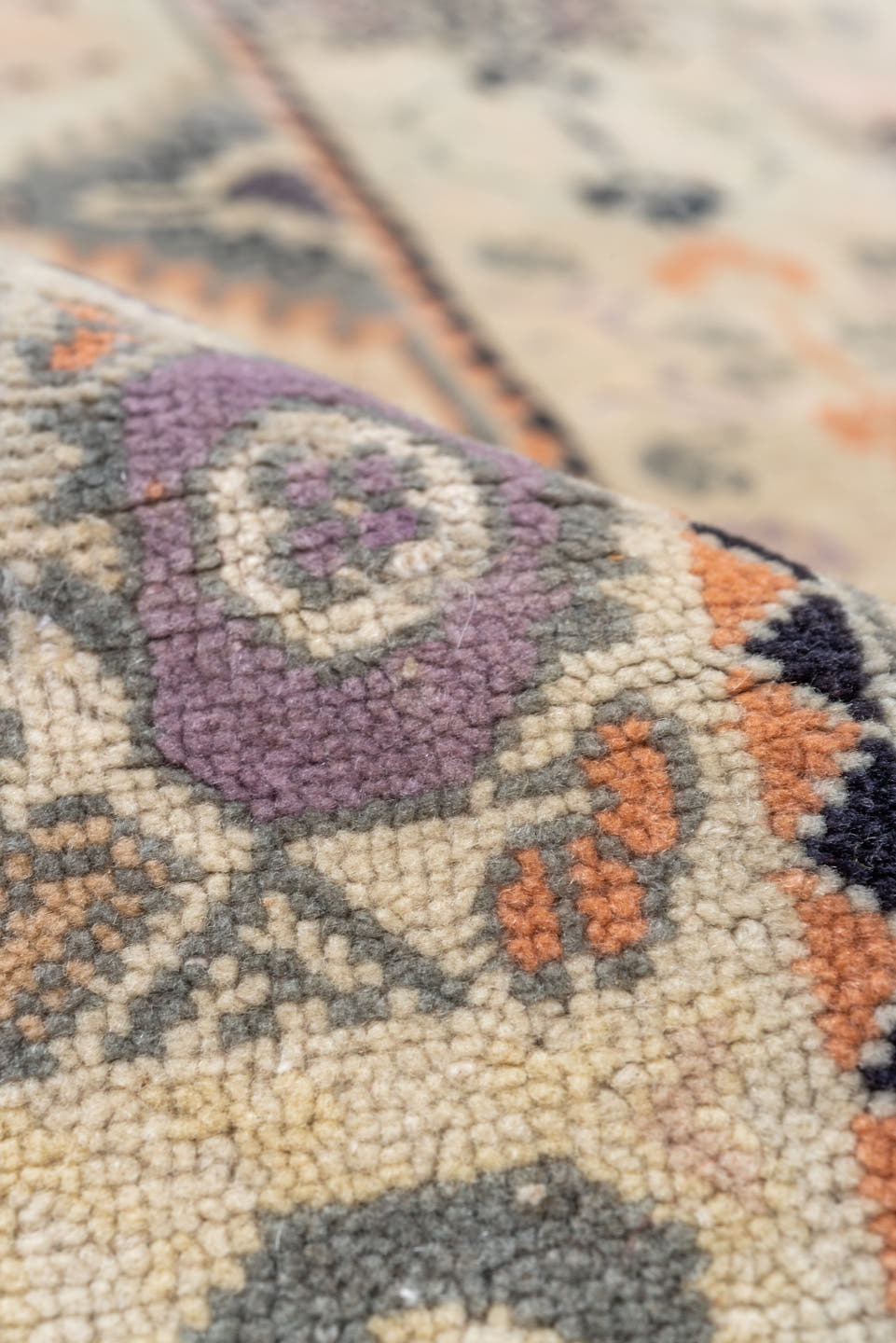 9' x 13' one-of-a-kind handmade antique Moroccan large size rug. Color palette: ivory, lavender, charcoal, peach, slate