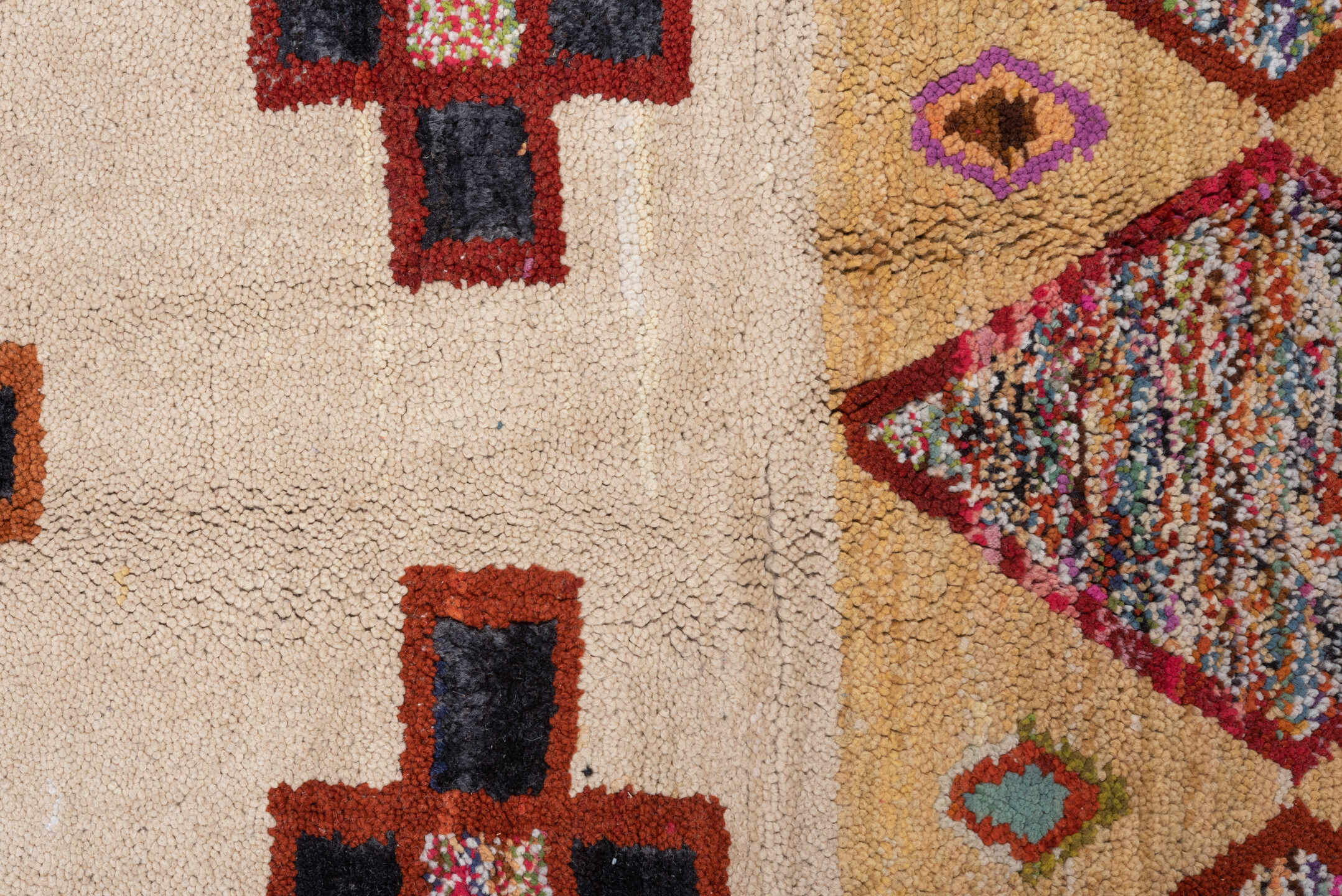7' x 12' one-of-a-kind handmade vintage Moroccan large size rug. Color palette: ivory, blue, camel, crimson, pink, black