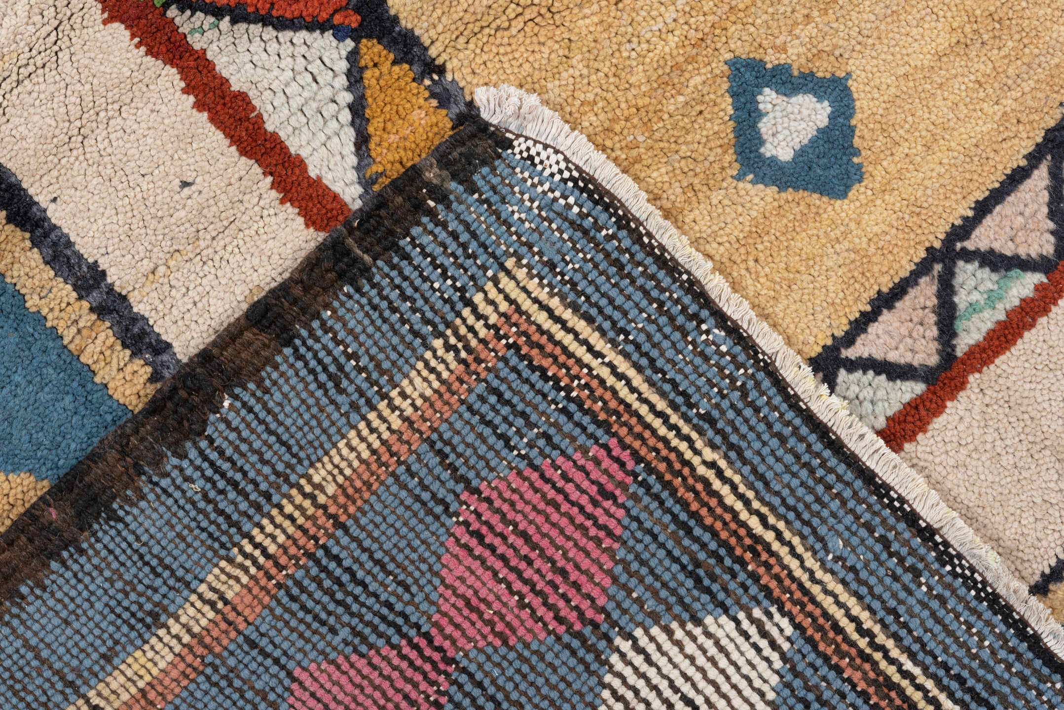 7' x 12' one-of-a-kind handmade vintage Moroccan large size rug. Color palette: ivory, blue, camel, crimson, pink, black