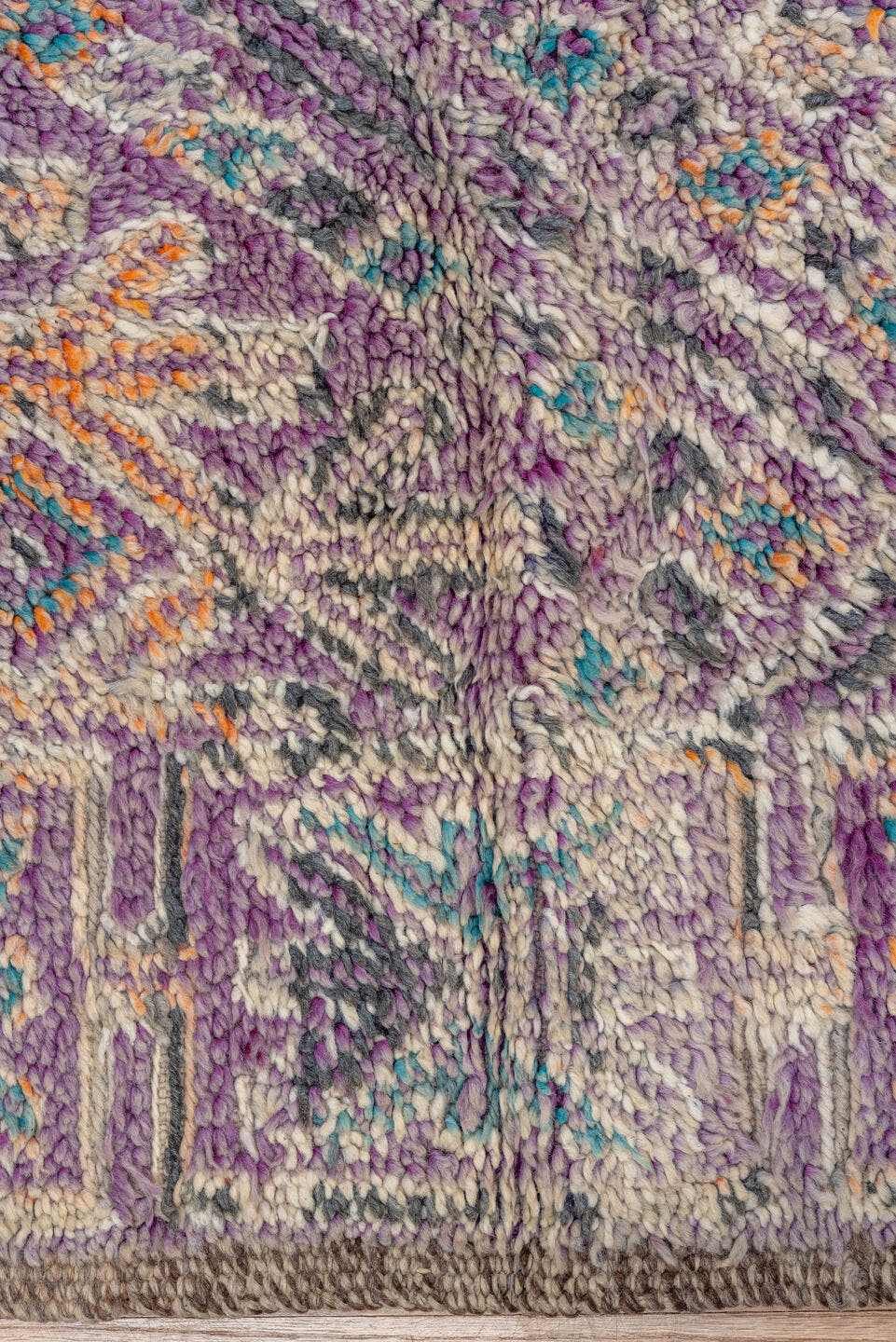 6' x 9' one-of-a-kind handmade vintage Moroccan medium size rug. Color palette: lavender, ivory, taupe, turquoise, rose