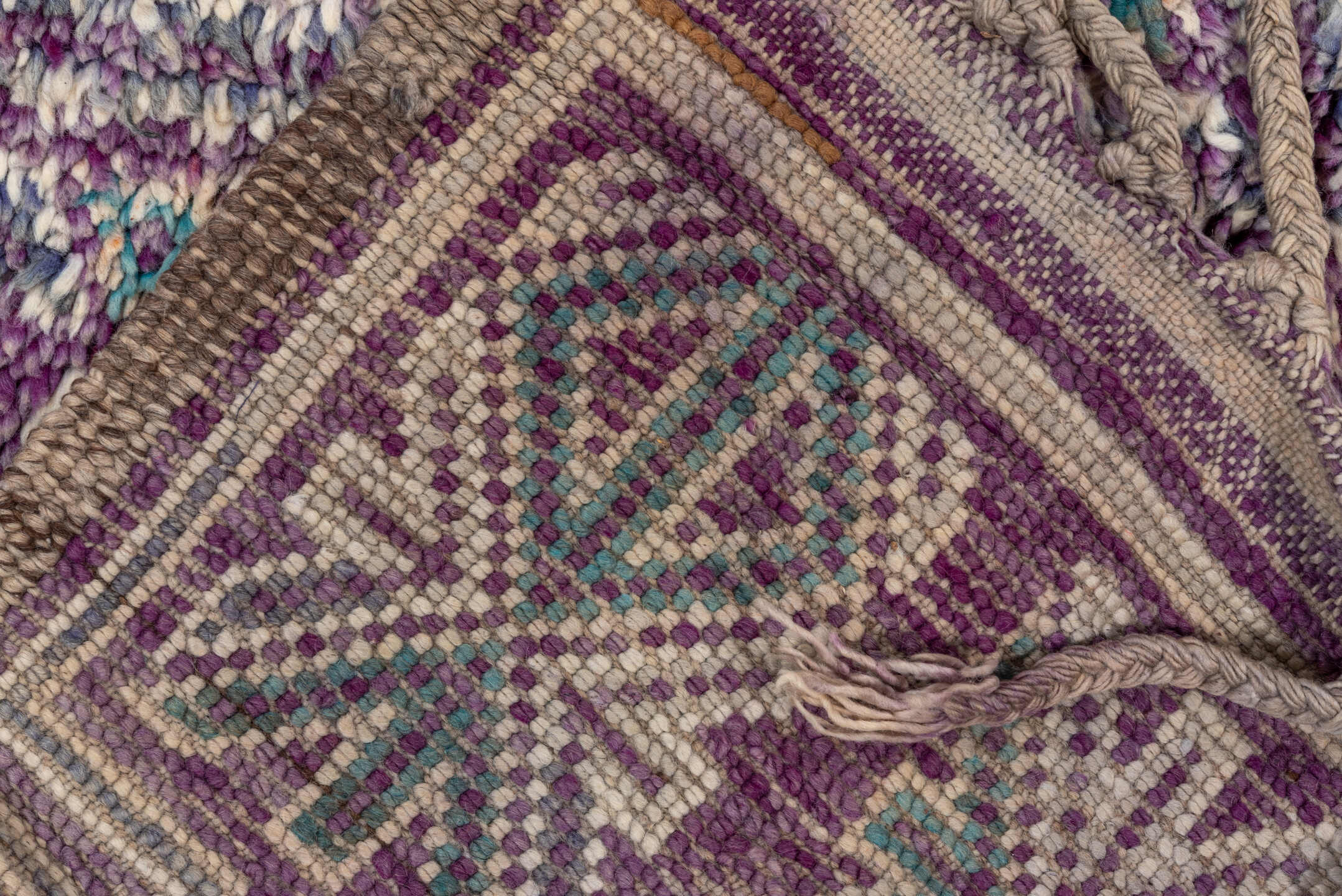 6' x 9' one-of-a-kind handmade vintage Moroccan medium size rug. Color palette: lavender, ivory, taupe, turquoise, rose