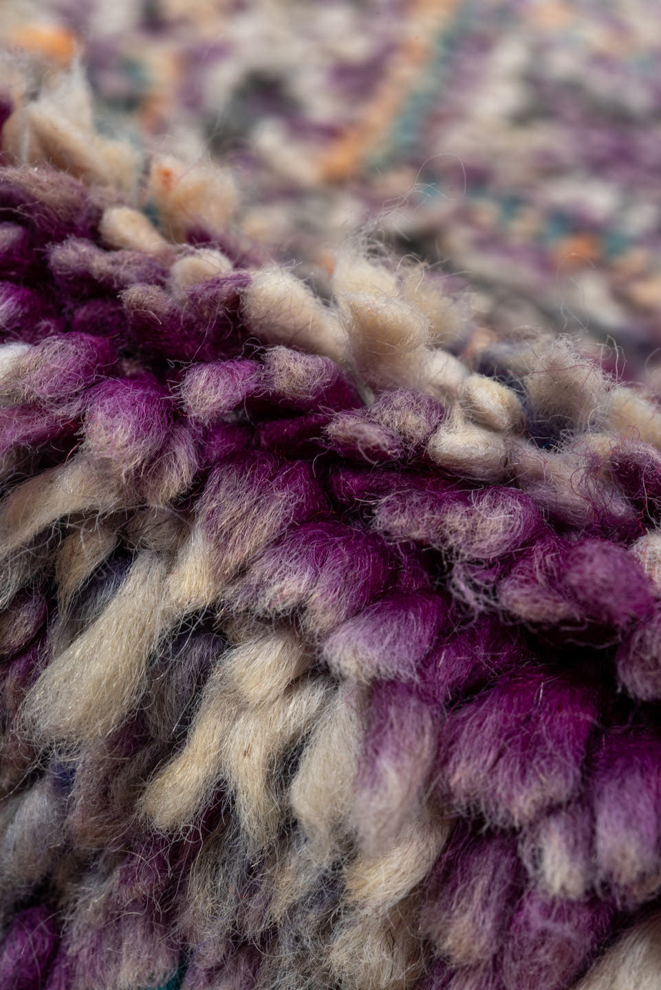 6' x 9' one-of-a-kind handmade vintage Moroccan medium size rug. Color palette: lavender, ivory, taupe, turquoise, rose