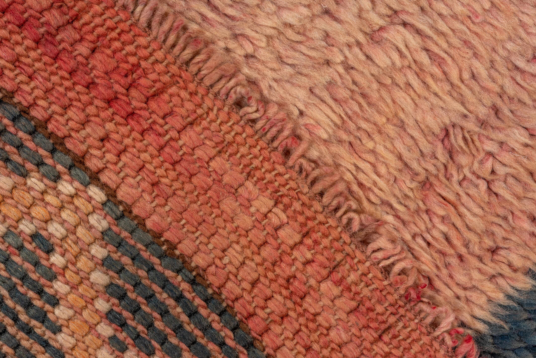 6' x 9' one-of-a-kind handmade antique Moroccan medium size rug. Color palette: rose, peach, charcoal, teal, lavender