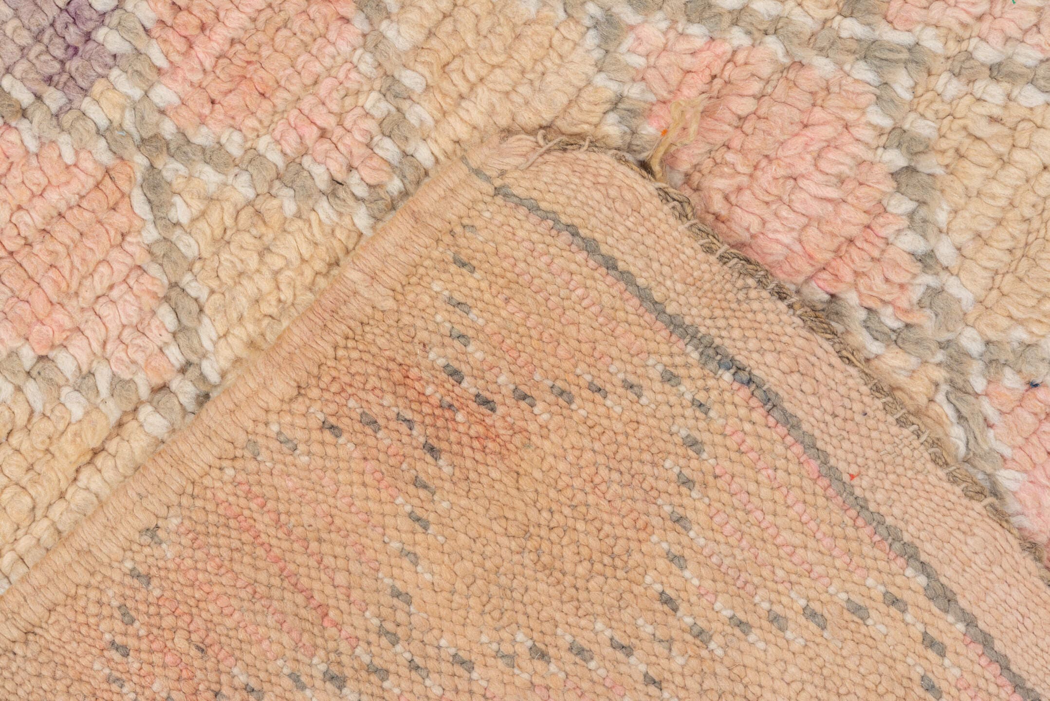 3' x 8' one-of-a-kind handmade vintage Moroccan runner rug. Color palette: blush, taupe, sand, mauve, ivory, rose, pink