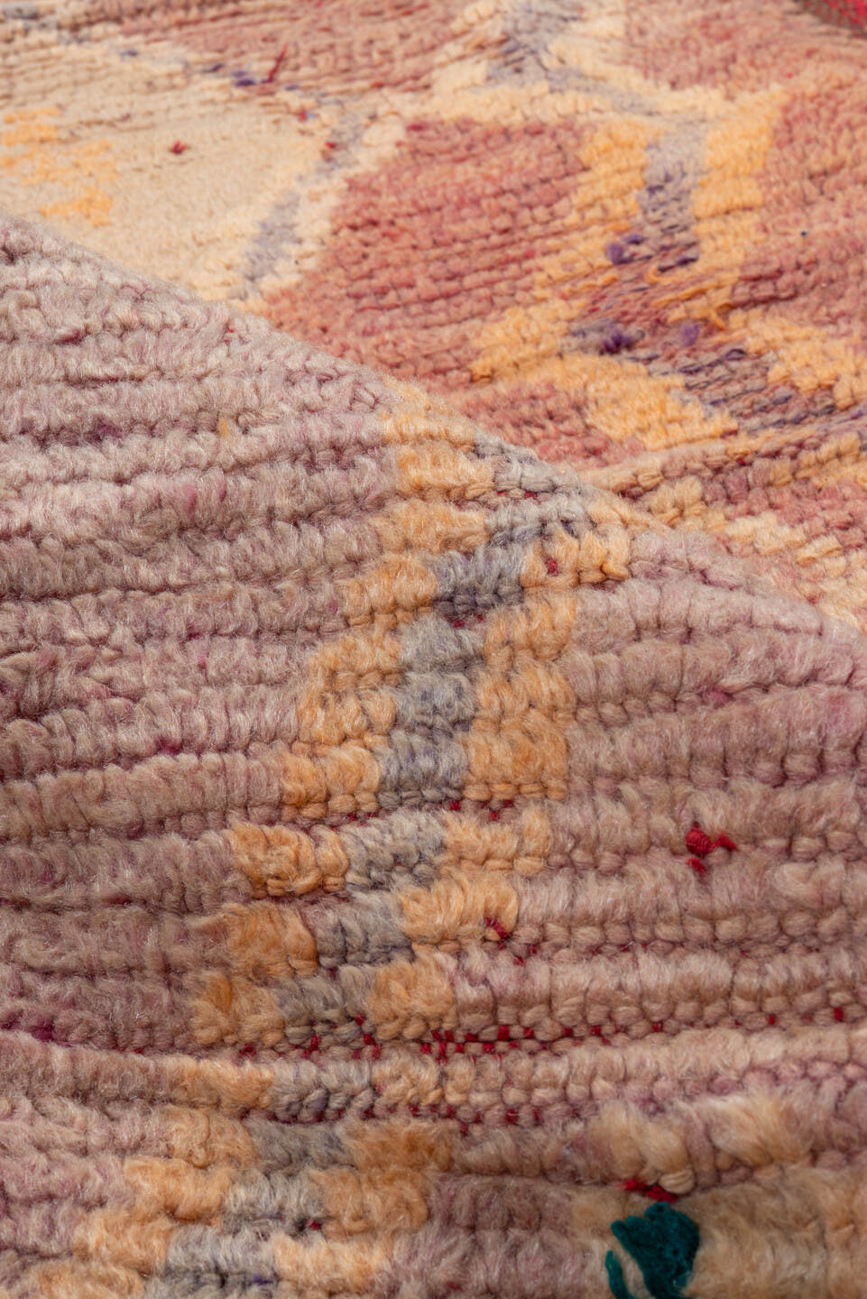2' x 7' one-of-a-kind handmade vintage Moroccan runner rug. Color palette: terra cotta, rose, ivory, rust, slate, peach