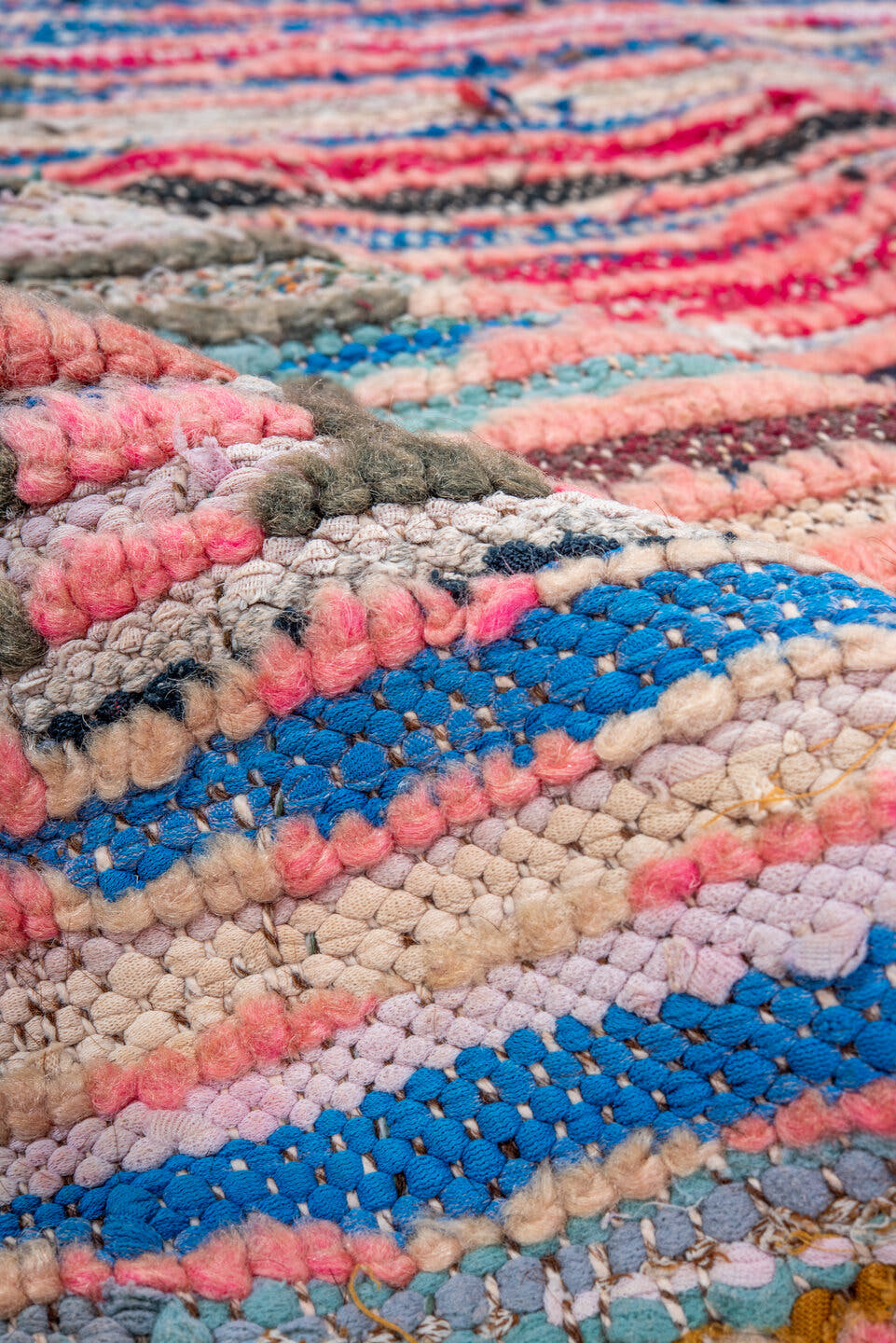 4' x 6' one-of-a-kind handmade vintage Moroccan small size rug. Color palette: blush, rose, ivory, sky blue, lavender
