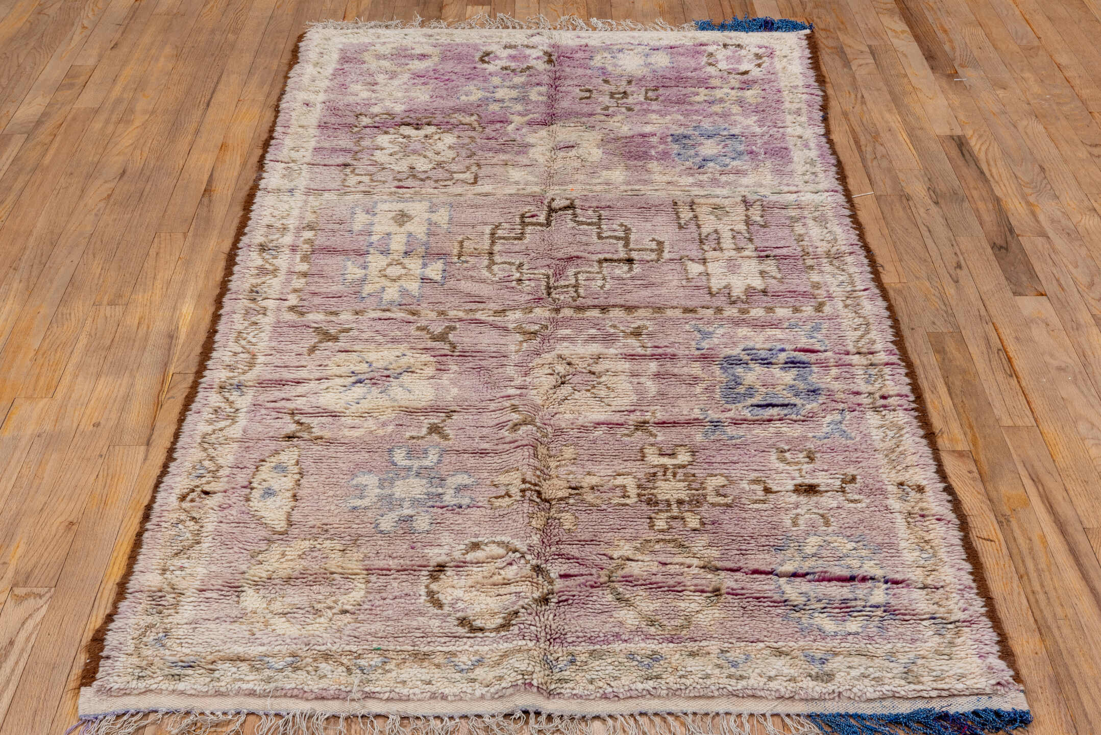 3' x 8' one-of-a-kind handmade vintage Moroccan runner rug. Color palette: blue, brown, gray, light gray, off-white, pink