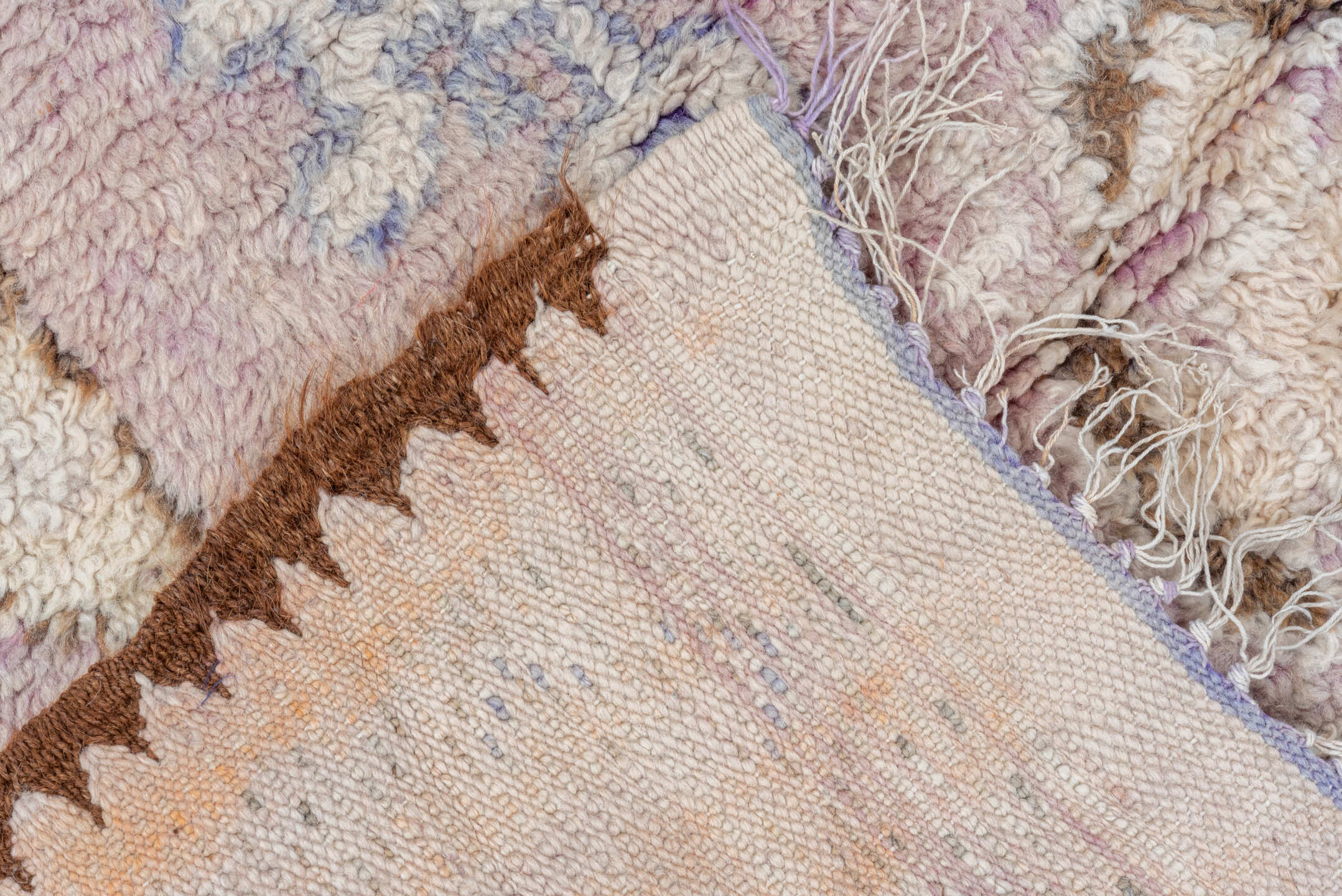 3' x 8' one-of-a-kind handmade vintage Moroccan runner rug. Color palette: blue, brown, gray, light gray, off-white, pink