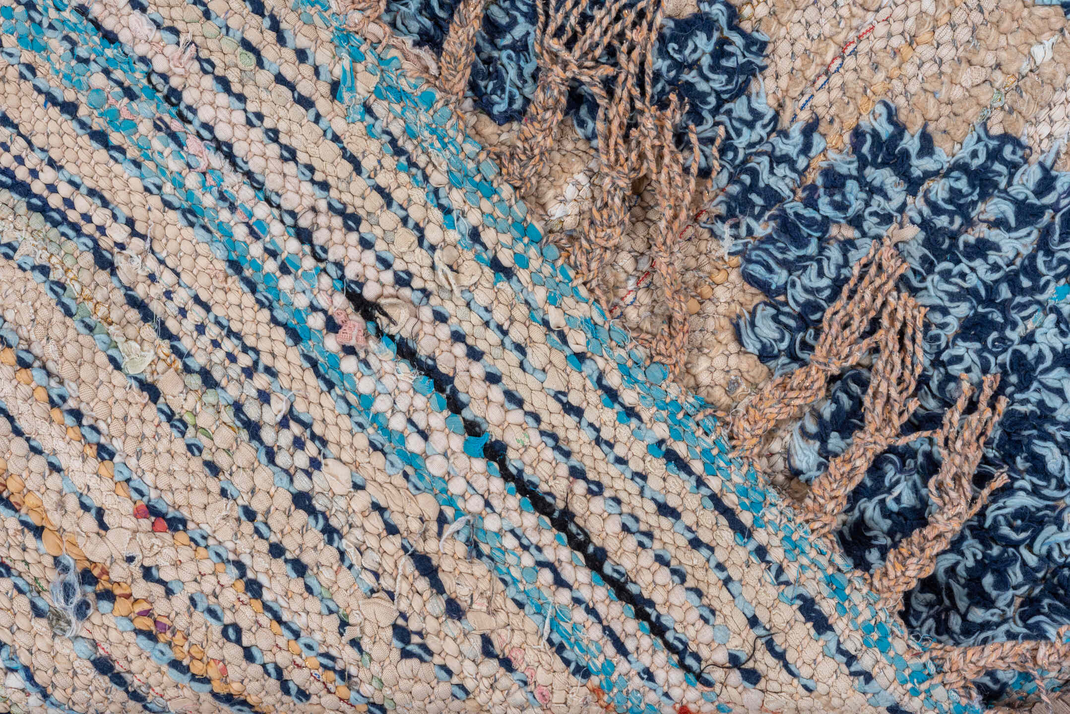 4' x 7' one-of-a-kind handmade vintage Moroccan rug. Color palette: gray, pink, brown, light blue, light gray, blue