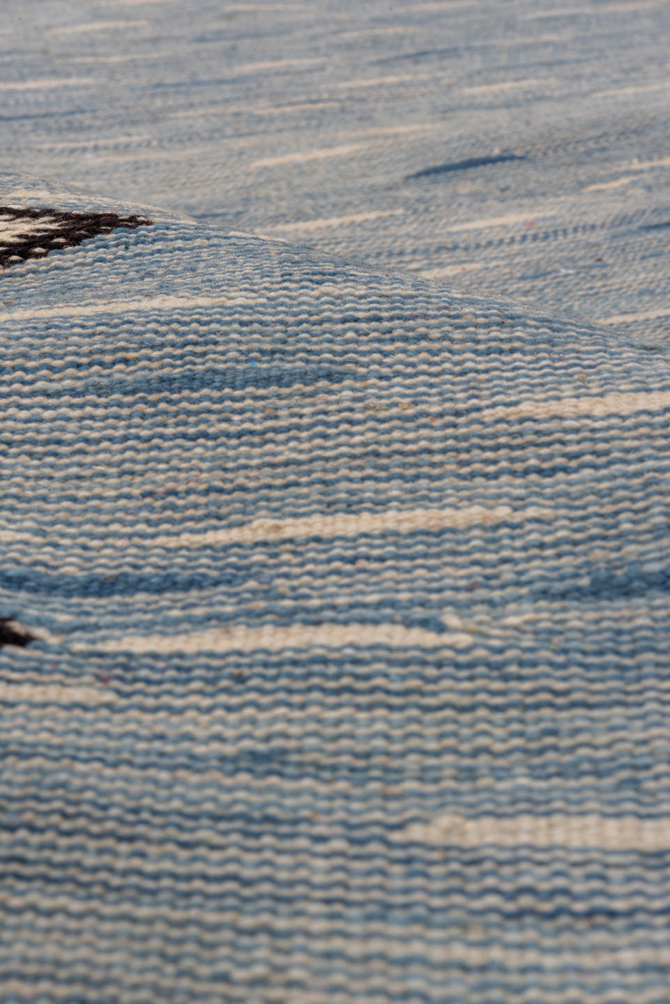 4' x 8' one-of-a-kind handmade vintage Kilim rug. Color palette: pale blue, ivory, charcoal, slate, light blue, gray, black