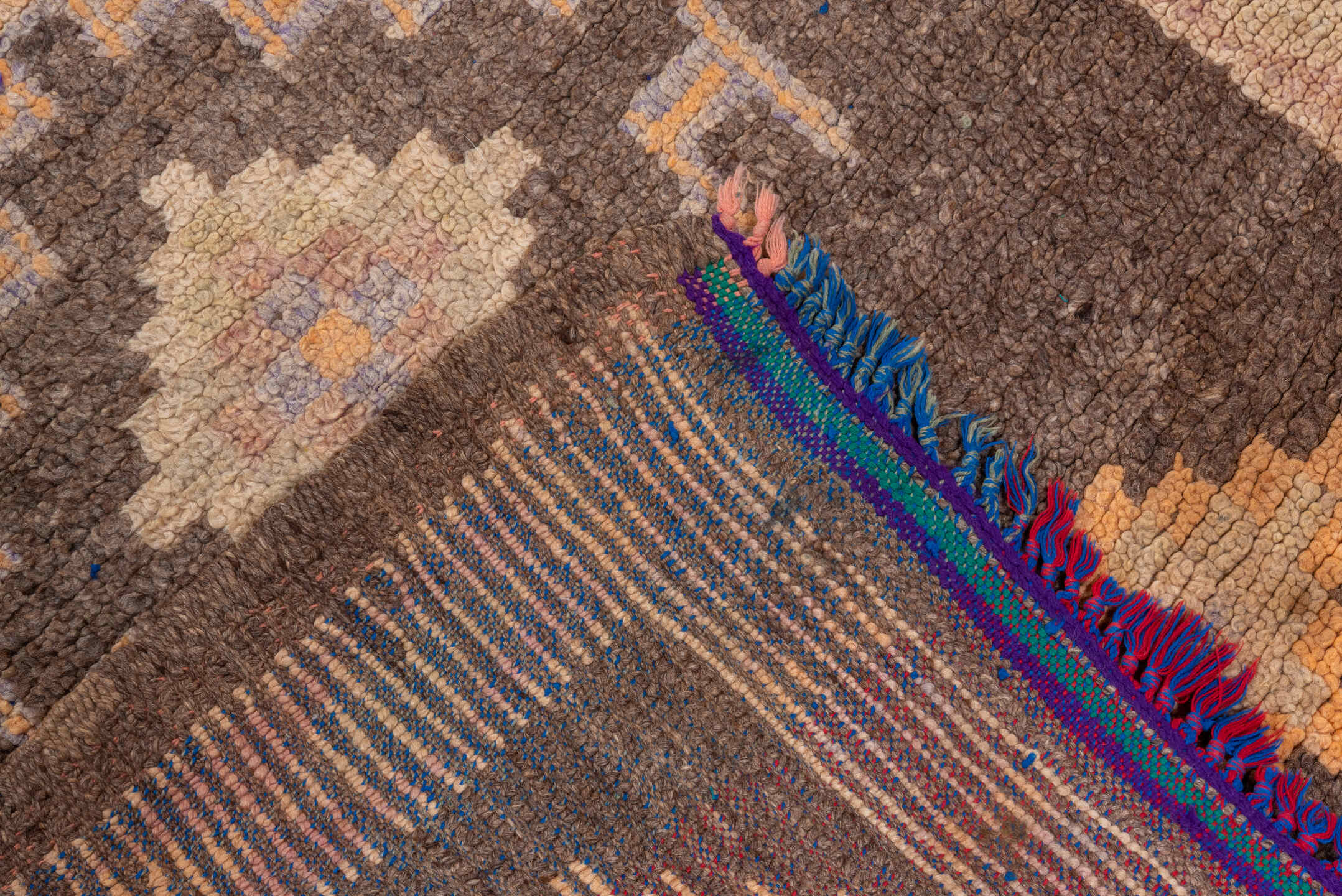 2' x 14' one-of-a-kind handmade vintage Moroccan runner rug. Color palette: brown, beige, blush, taupe, rose, charcoal, teal