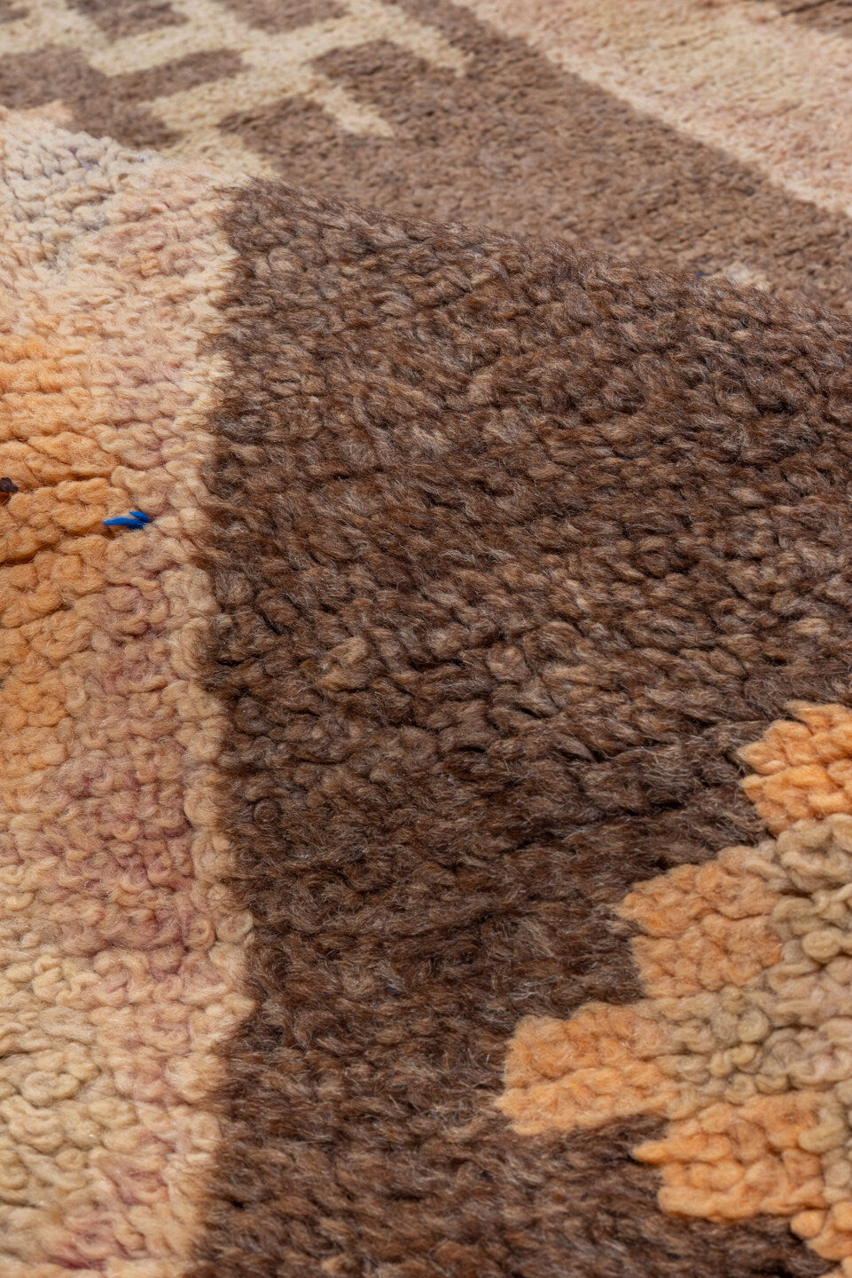 2' x 14' one-of-a-kind handmade vintage Moroccan runner rug. Color palette: blue, brown, off-white, orange, pink, snow