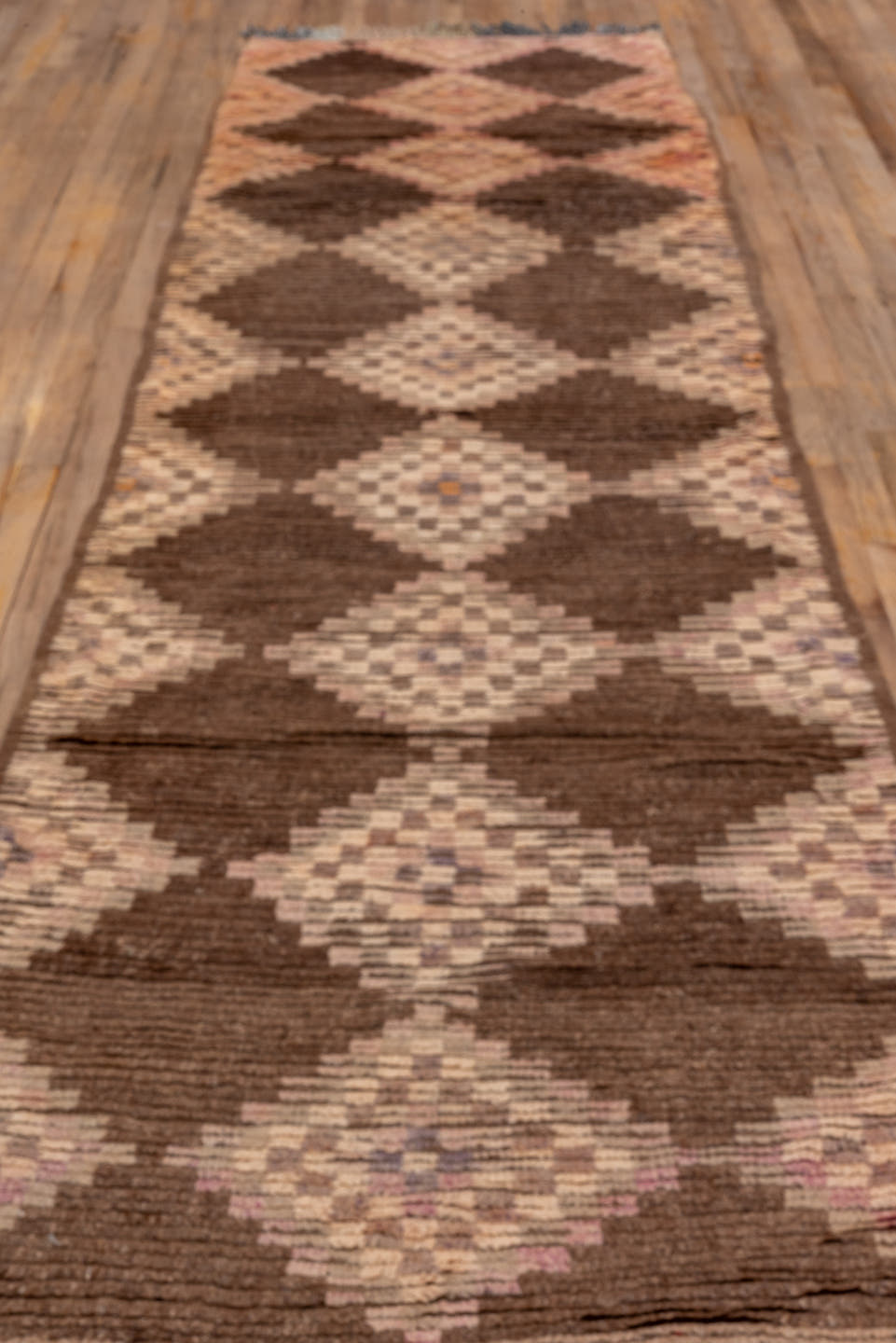 3' x 14' one-of-a-kind handmade vintage Moroccan runner rug. Color palette: brown, blush, taupe, rose, mauve, camel, pink