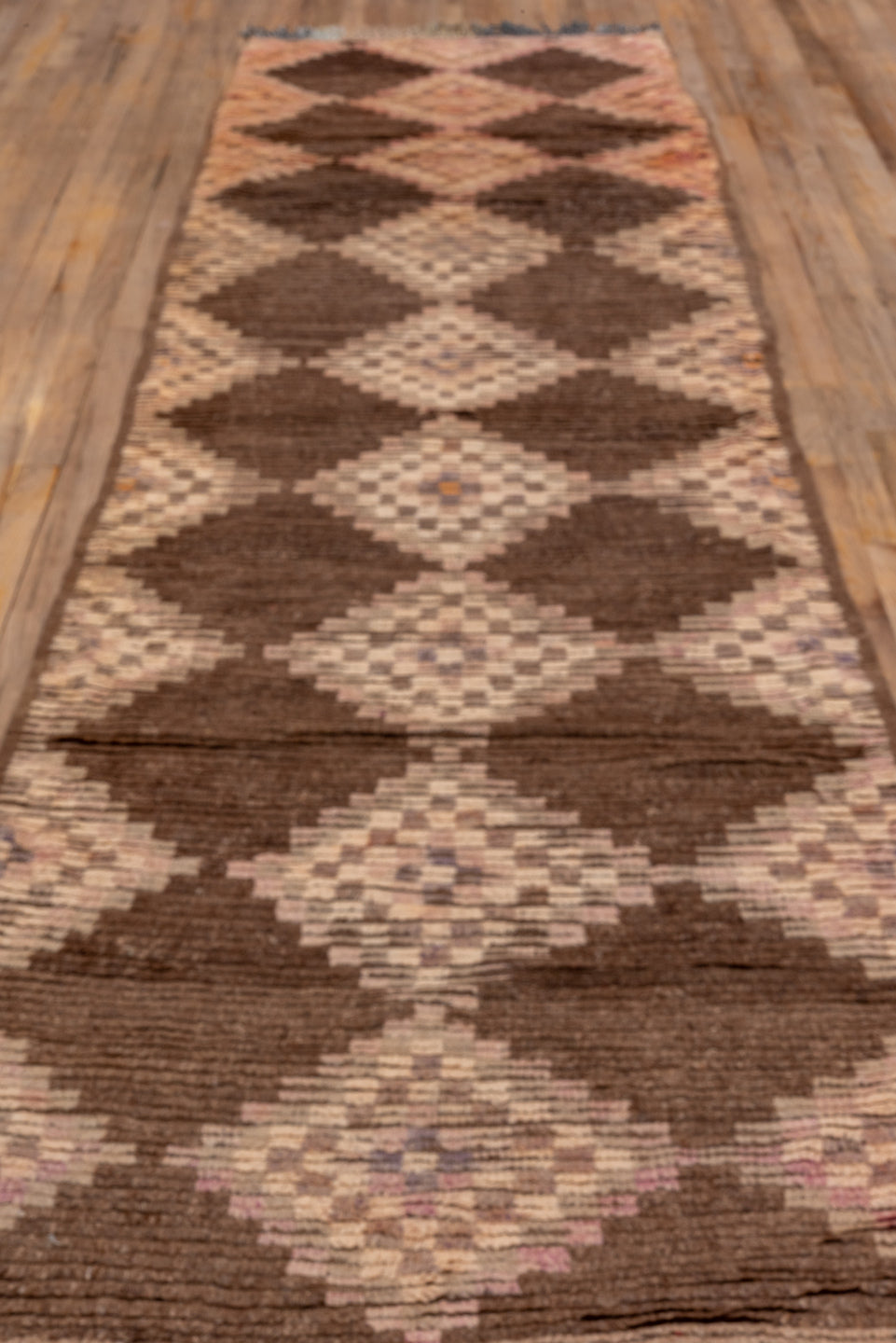 3' x 14' one-of-a-kind handmade vintage Moroccan runner rug. Color palette: brown, orange, pink