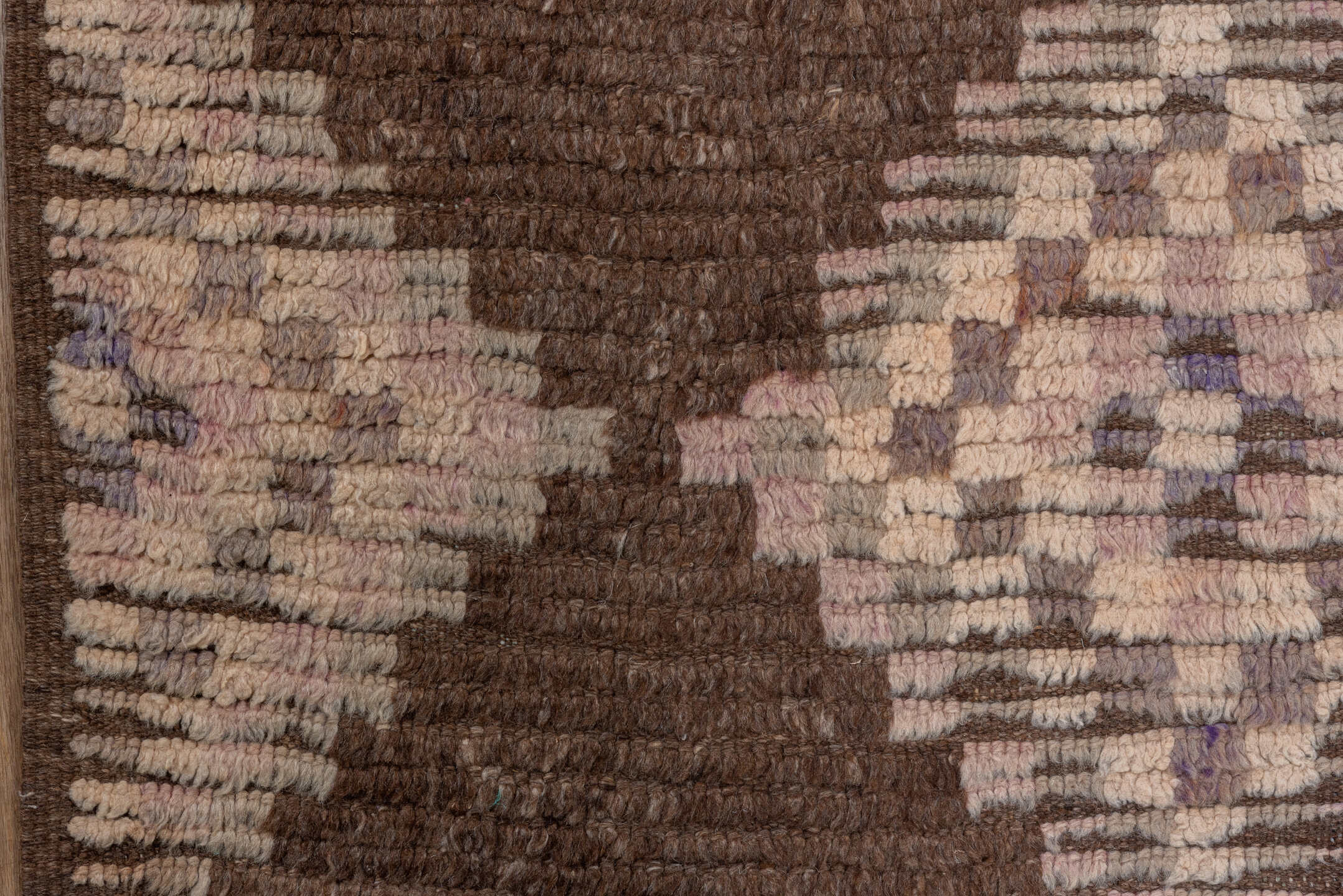 3' x 14' one-of-a-kind handmade vintage Moroccan runner rug. Color palette: brown, blush, taupe, rose, mauve, camel, pink