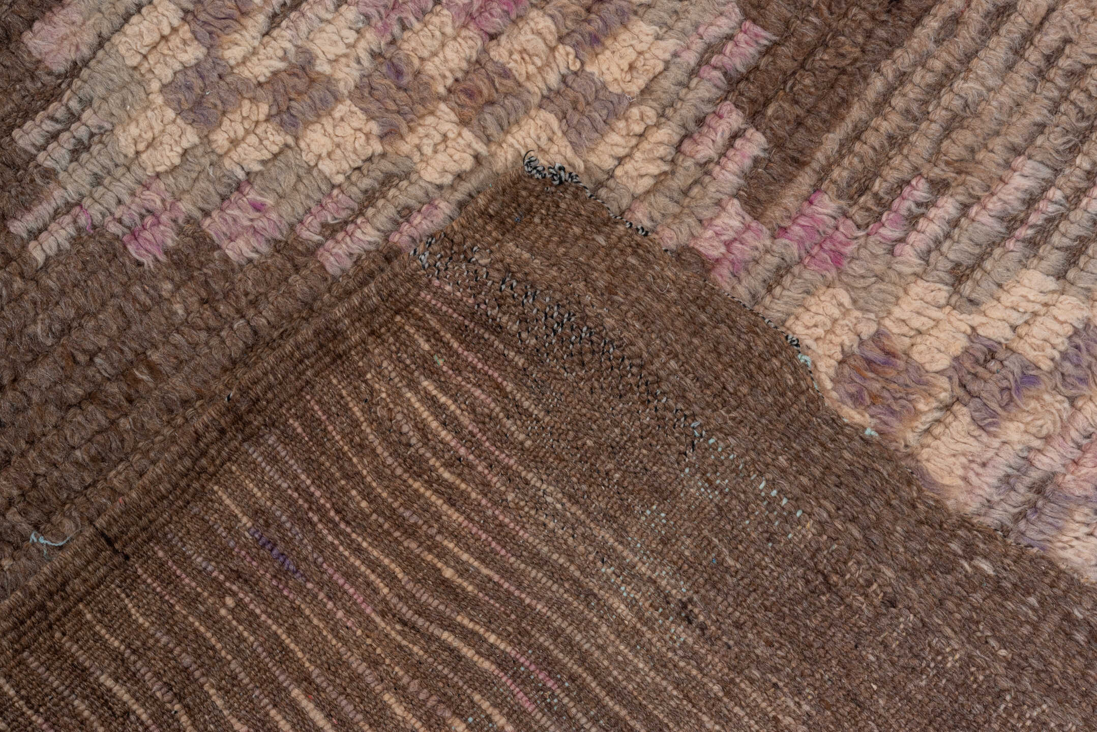 3' x 14' one-of-a-kind handmade vintage Moroccan runner rug. Color palette: brown, blush, taupe, rose, mauve, camel, pink
