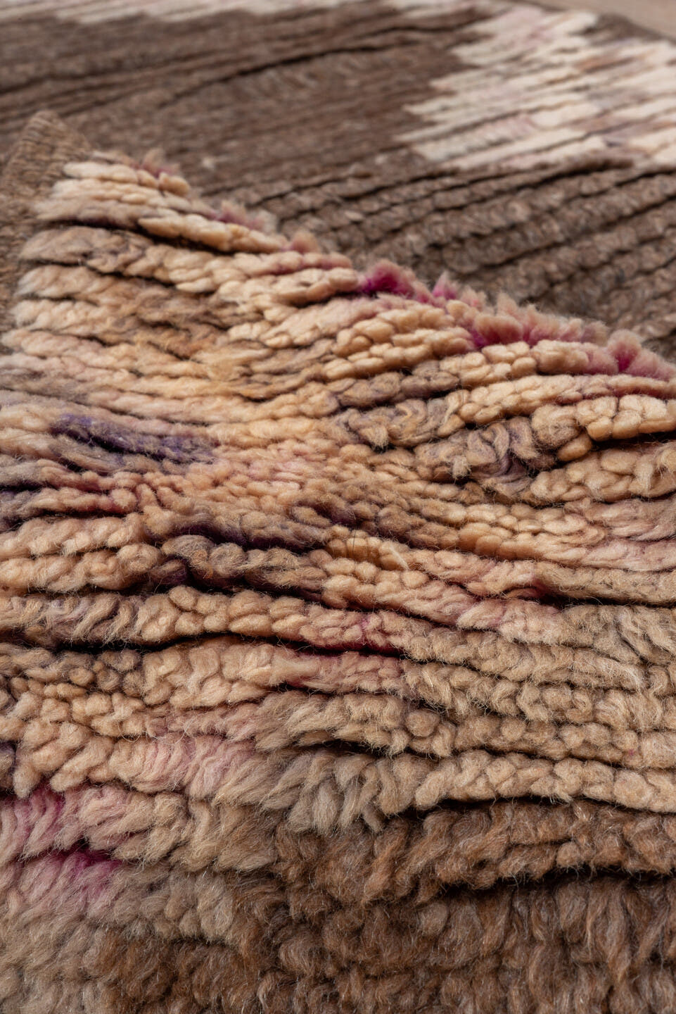 3' x 14' one-of-a-kind handmade vintage Moroccan runner rug. Color palette: brown, blush, taupe, rose, mauve, camel, pink