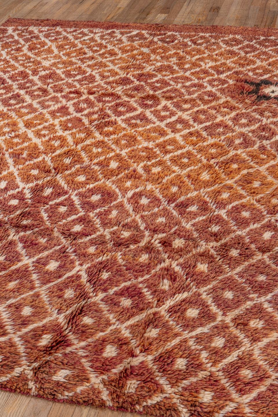 6' x 8' one-of-a-kind handmade antique Moroccan medium size rug. Color palette: terra cotta, ivory, rust, rose, charcoal