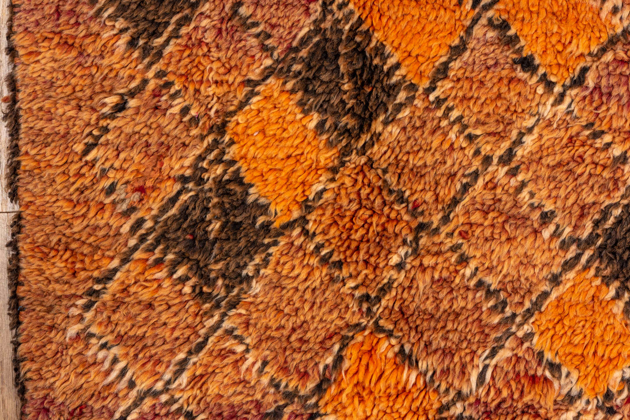 6' x 10' one-of-a-kind handmade antique Moroccan large size rug. Color palette: terra cotta, orange, brown, camel, charcoal