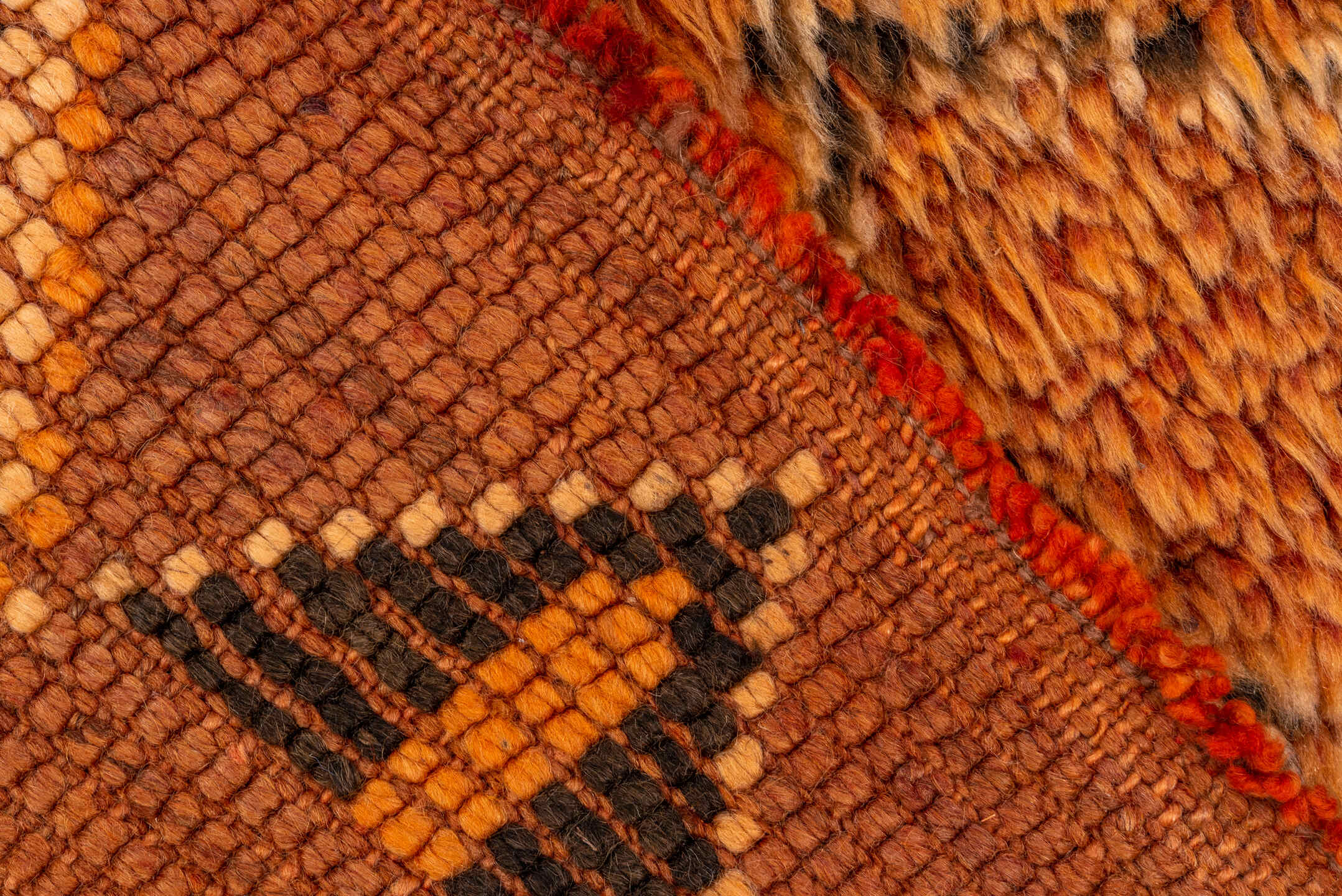 6' x 10' one-of-a-kind handmade antique Moroccan large size rug. Color palette: terra cotta, orange, brown, camel, charcoal