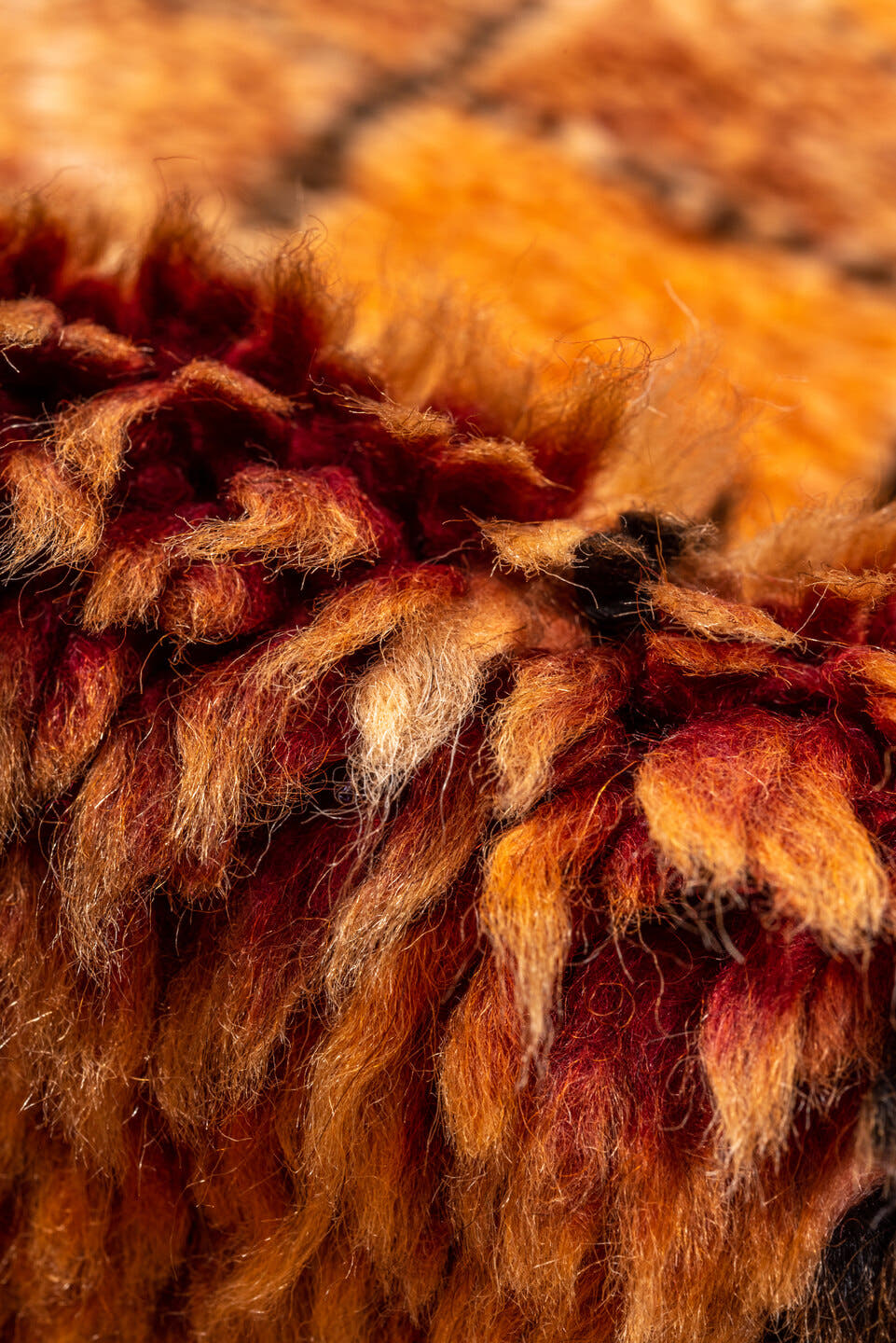 6' x 10' one-of-a-kind handmade antique Moroccan large size rug. Color palette: terra cotta, orange, brown, camel, charcoal