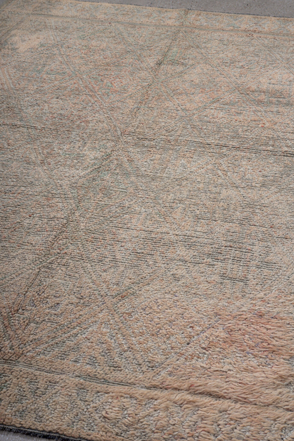 6' x 8' one-of-a-kind handmade vintage Moroccan medium size rug. Color palette: ivory, taupe, sage, blush, beige, camel