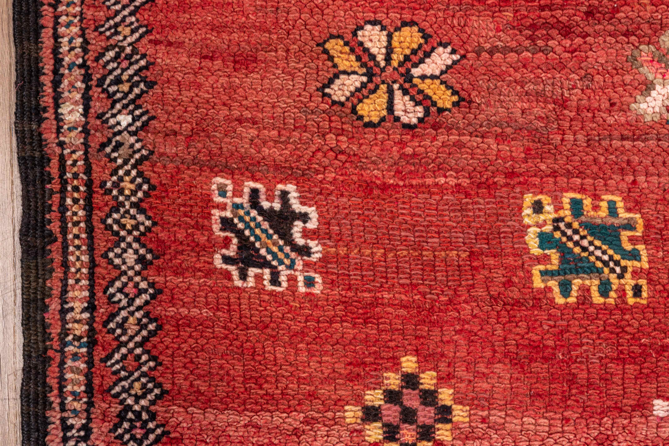 5' x 10' one-of-a-kind handmade antique Moroccan medium size rug. Color palette: terra cotta, rust, charcoal, ivory, gold