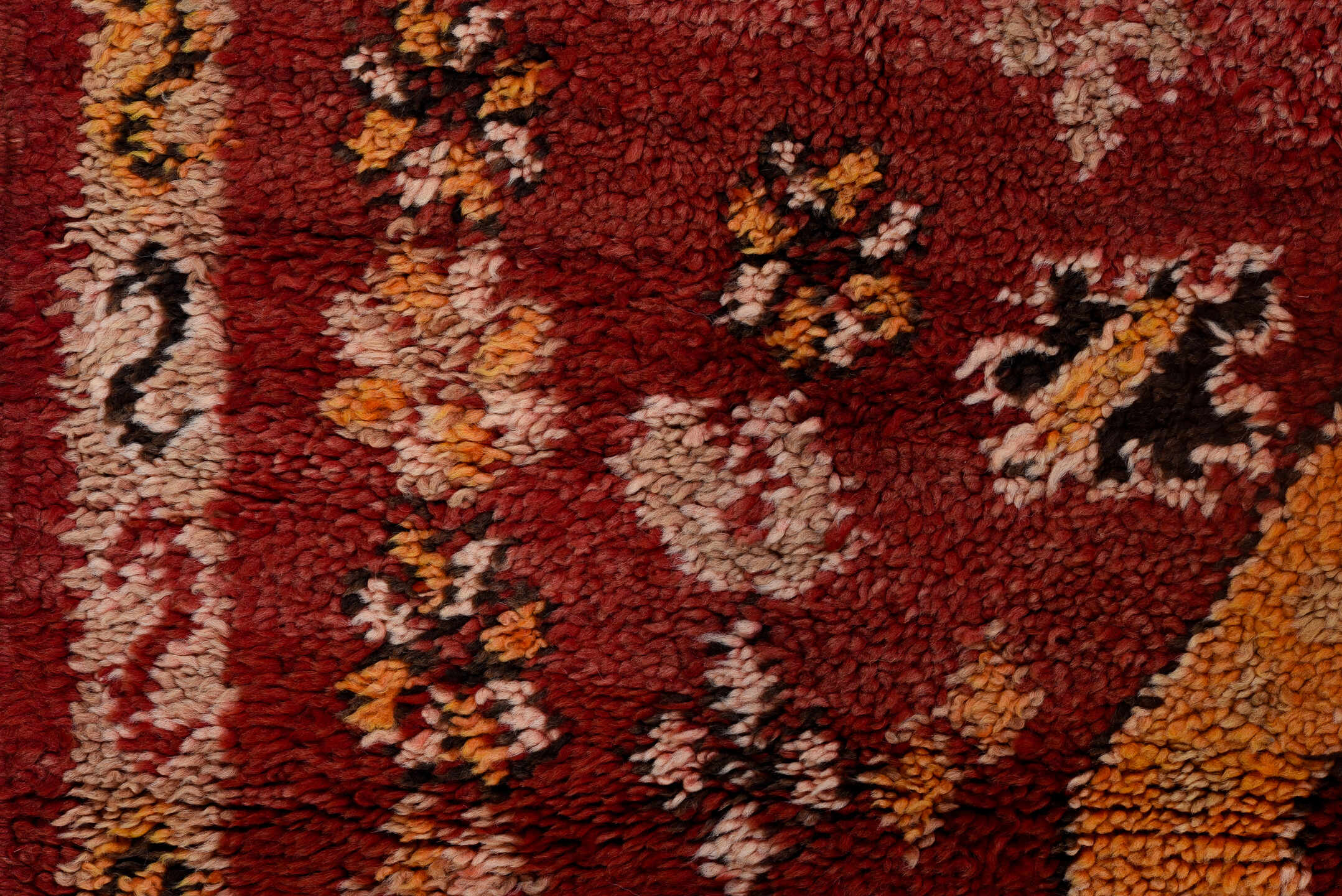 5' x 9' one-of-a-kind handmade antique Moroccan medium size rug. Color palette: red, gold, ivory, black, rose, rust, camel