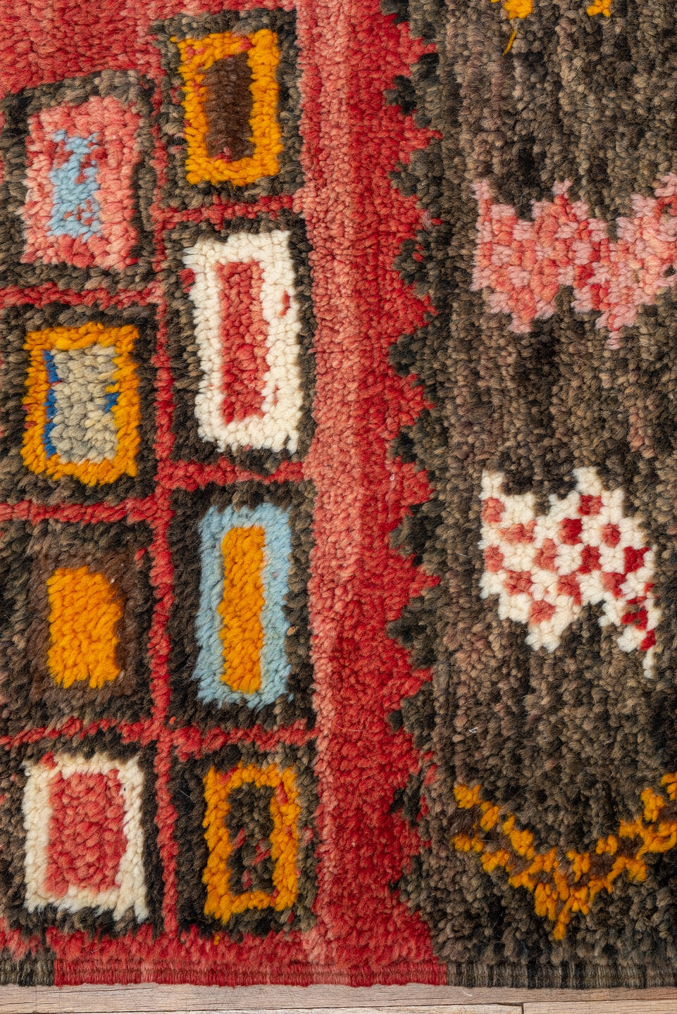 5' x 8' one-of-a-kind handmade vintage Moroccan medium size rug. Color palette: rose, brown, ivory, gold, sky_blue, crimson