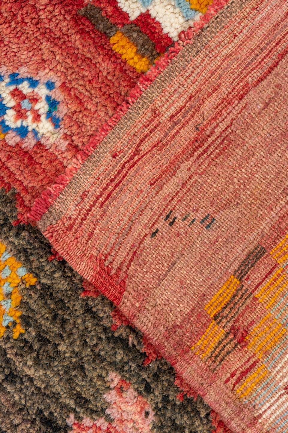 5' x 8' one-of-a-kind handmade vintage Moroccan medium size rug. Color palette: rose, brown, ivory, gold, sky_blue, crimson