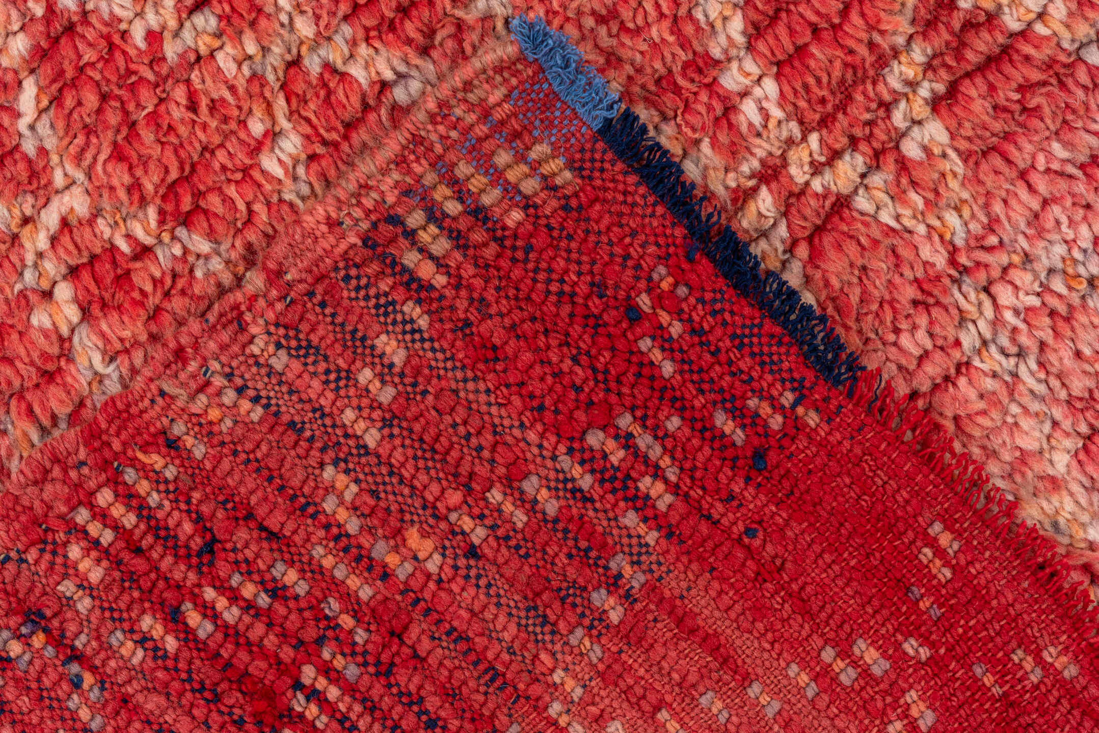 4' x 8' one-of-a-kind handmade vintage Moroccan rug. Color palette: coral, terra cotta, salmon, ivory, rose, terracotta