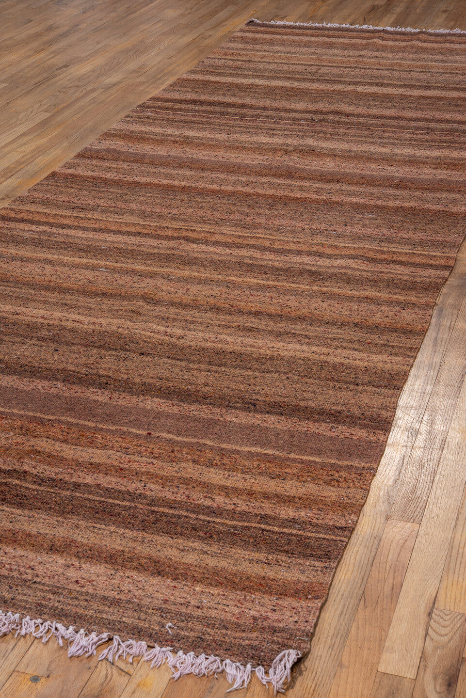 4' x 13' one-of-a-kind handmade antique Kilim runner rug. Color palette: brown, taupe, camel, rose, mahogany, beige, gray
