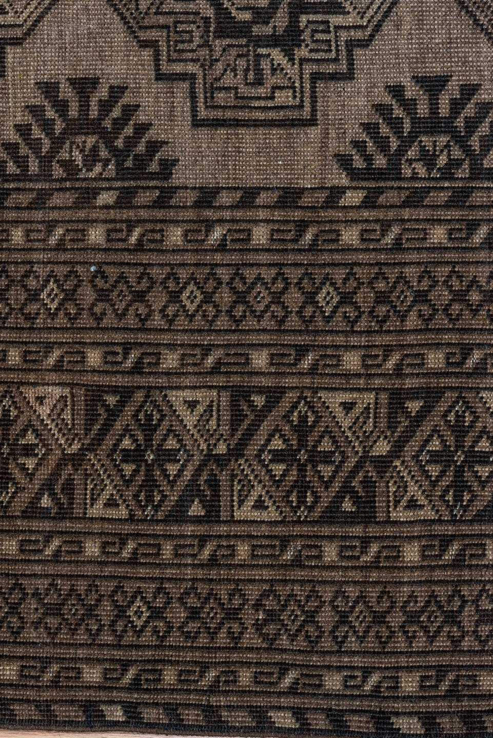 7' x 10' one-of-a-kind handmade antique Afghan large size rug. Color palette: camel, dark brown, taupe, beige, charcoal