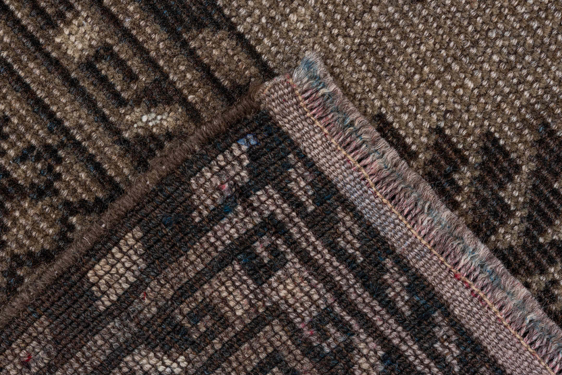 7' x 10' one-of-a-kind handmade antique Afghan large size rug. Color palette: camel, dark brown, taupe, beige, charcoal