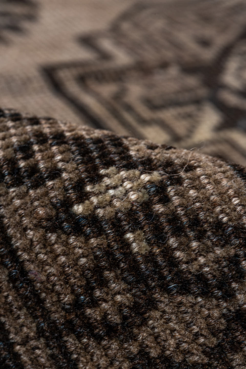 7' x 10' one-of-a-kind handmade antique Afghan large size rug. Color palette: camel, dark brown, taupe, beige, charcoal