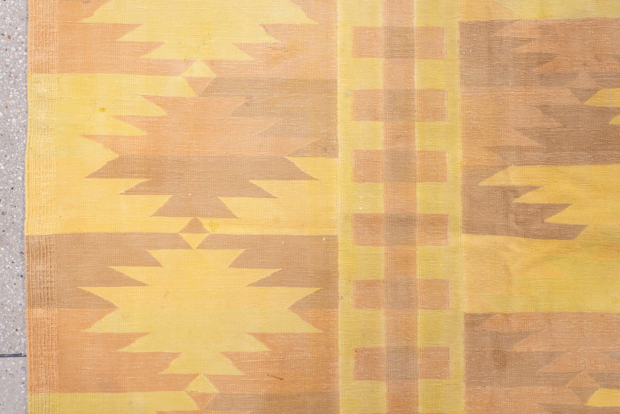 9' x 16' one-of-a-kind handmade antique Dhurrie rug. Color palette: gold, butter yellow, peach, terra cotta, camel