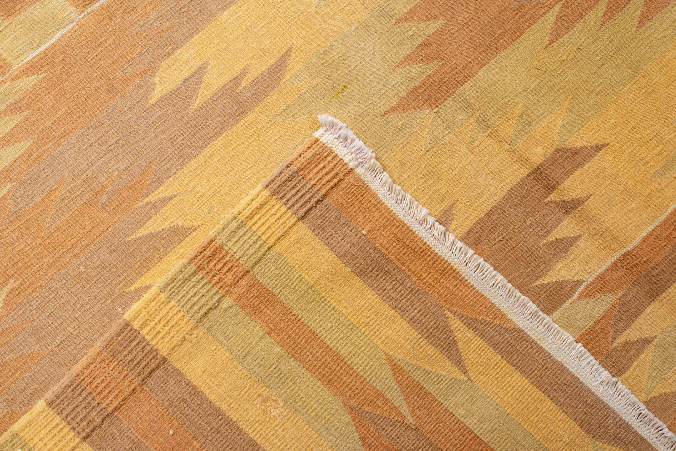 9' x 16' one-of-a-kind handmade antique Dhurrie rug. Color palette: gold, butter yellow, peach, terra cotta, camel