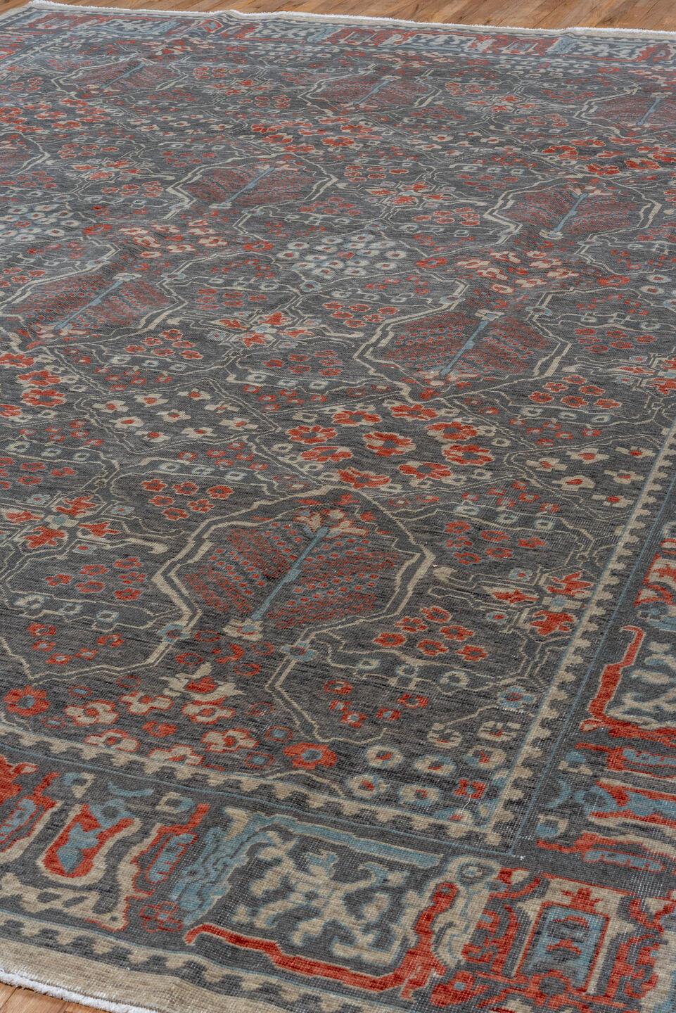 9' x 12' one-of-a-kind handmade vintage Machine large size rug. Color palette: black, brown, charcoal, dark gray, dim gray