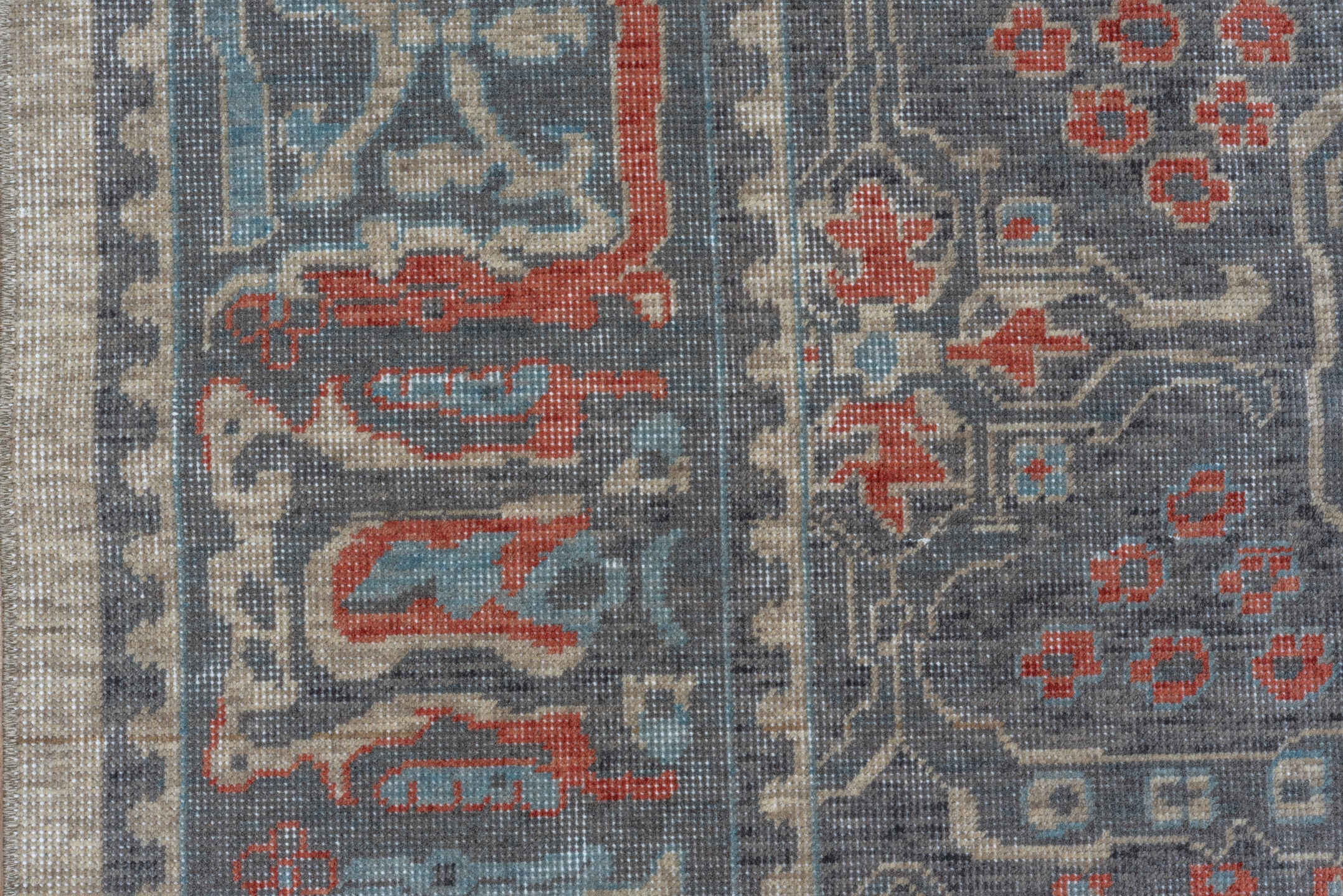 9' x 12' one-of-a-kind handmade machine-made Machine large size rug. Color palette: slate, rust, ivory, blue, taupe