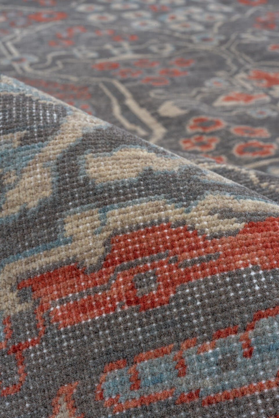 9' x 12' one-of-a-kind handmade machine-made Machine large size rug. Color palette: slate, rust, ivory, blue, taupe