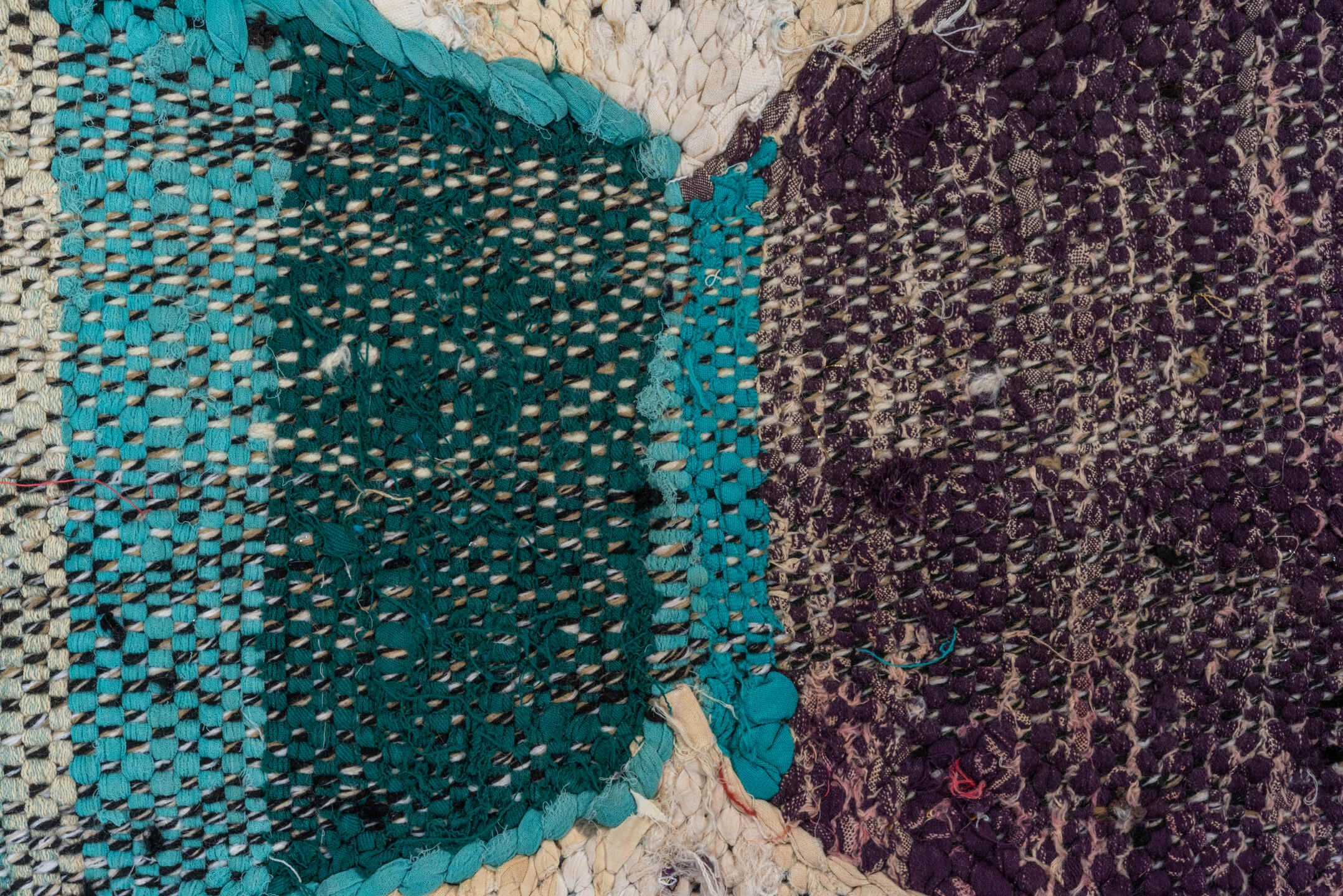 4' x 6' one-of-a-kind handmade vintage Rag Rug small size rug. Color palette: ivory, camel, teal, plum, charcoal, red, taupe
