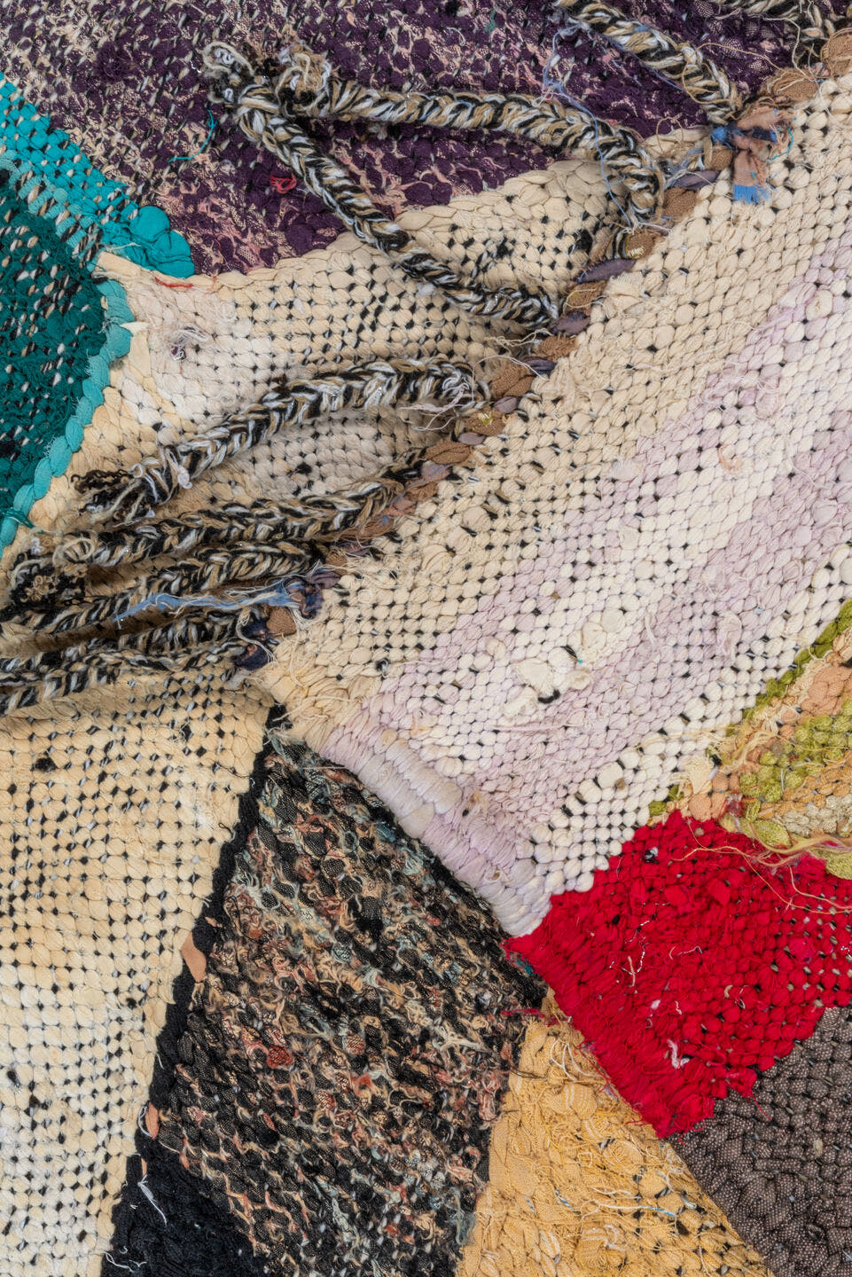 4' x 6' one-of-a-kind handmade vintage Rag Rug small size rug. Color palette: ivory, camel, teal, plum, charcoal, red, taupe