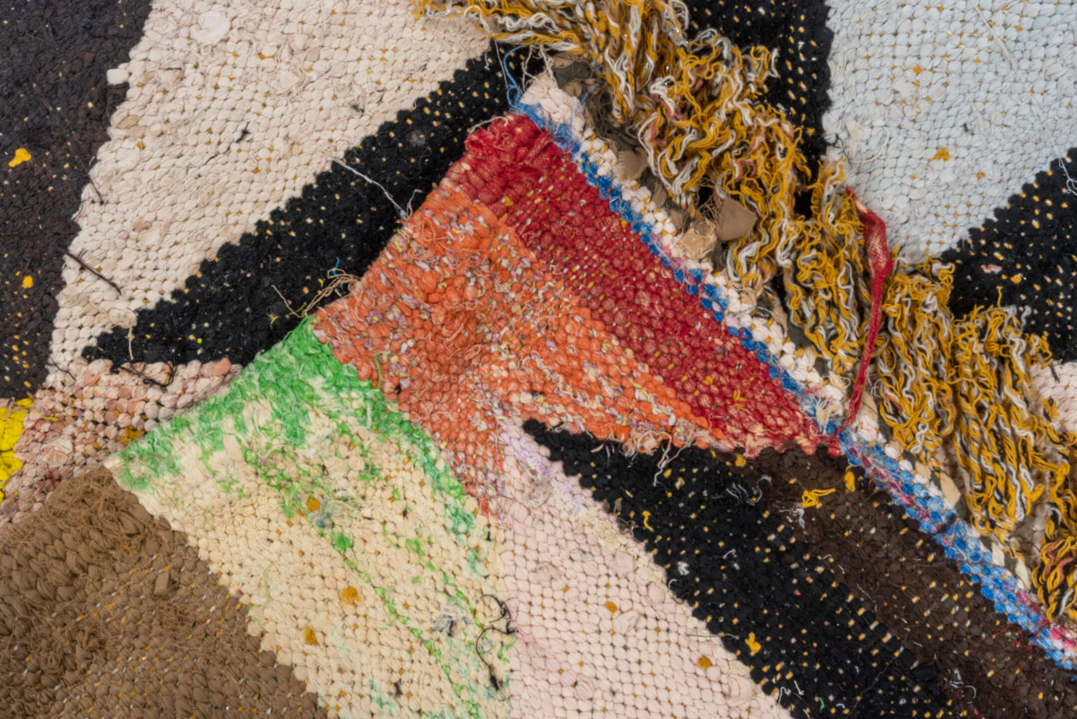 5' x 9' one-of-a-kind handmade vintage Rag Rug medium size rug. Color palette: black, blue, brown, dim gray, gray