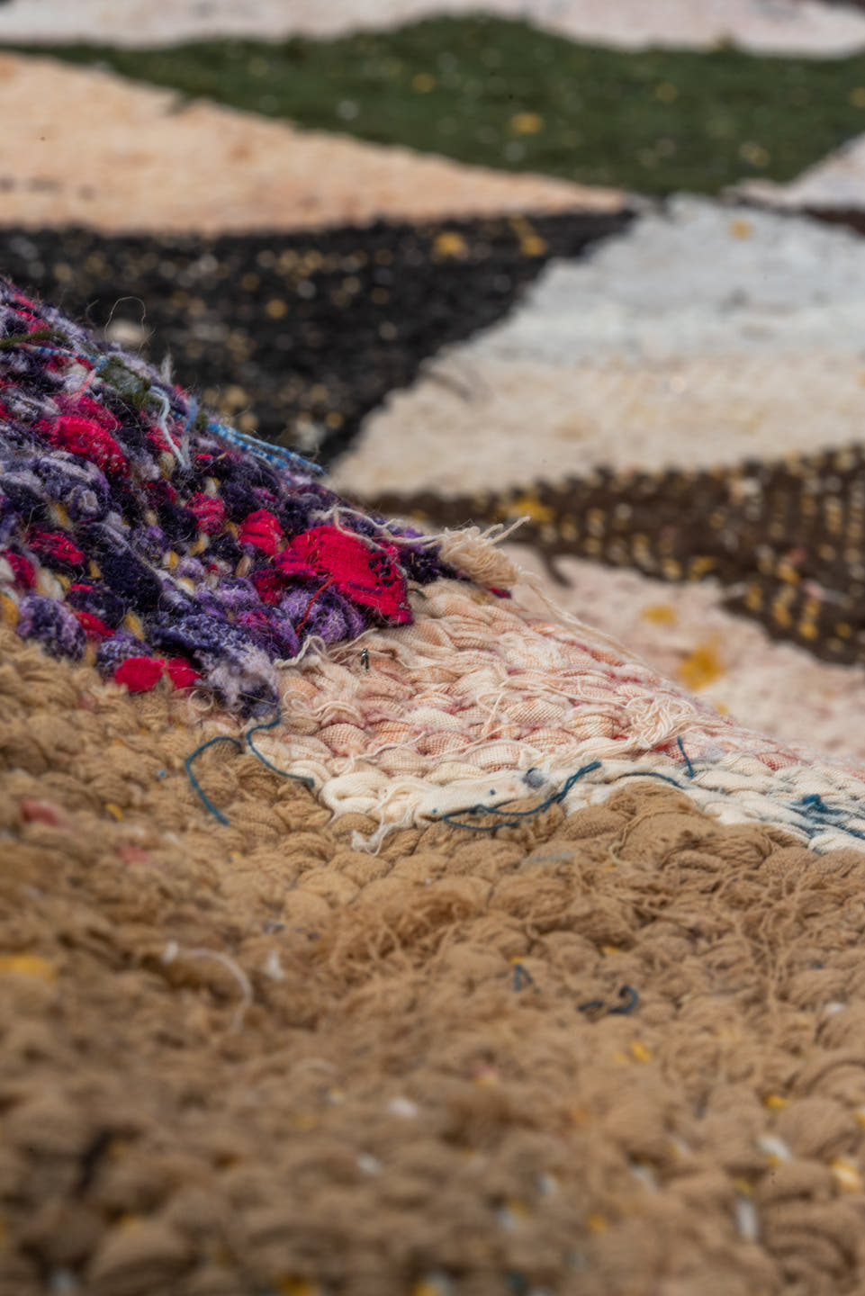 5' x 9' one-of-a-kind handmade vintage Rag Rug medium size rug. Color palette: ivory, black, sand, blush, sky blue, mint