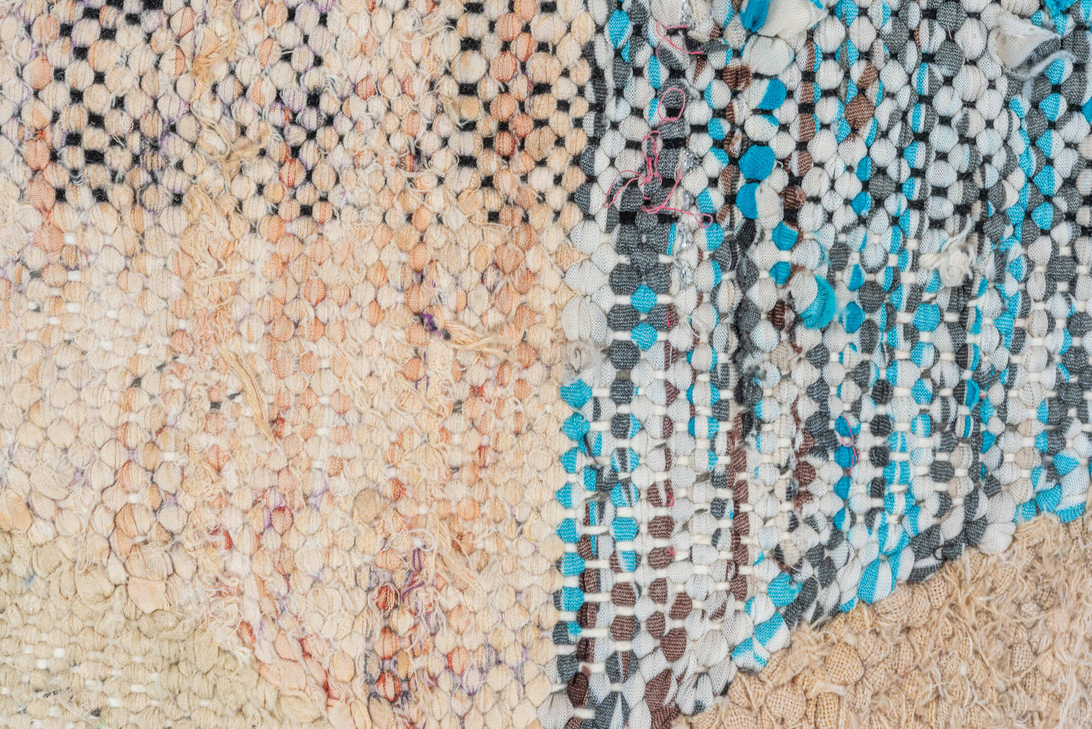 4' x 8' one-of-a-kind handmade vintage Rag Rug rug. Color palette: ivory, taupe, charcoal, cream, turquoise, lavender, green