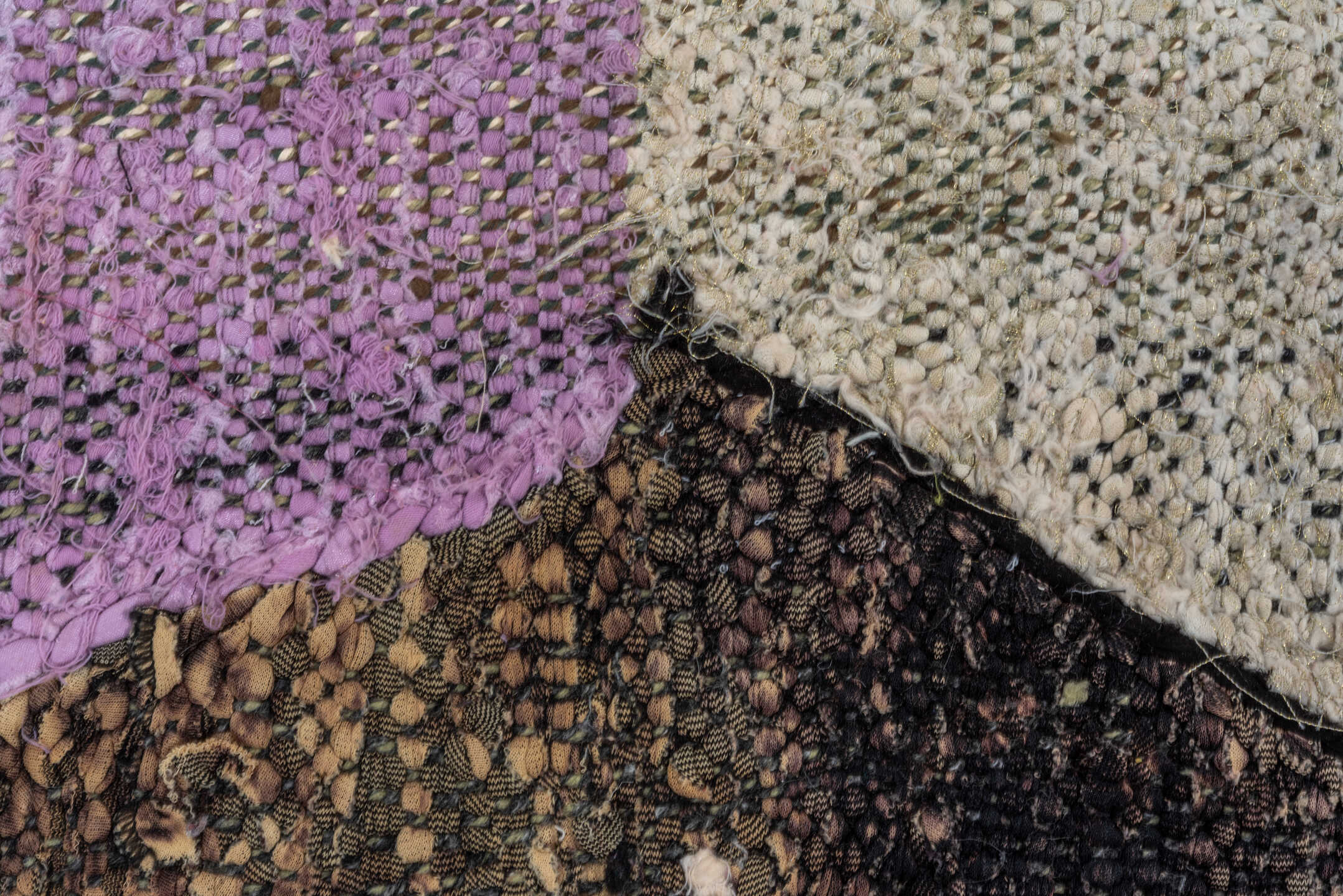 4' x 8' one-of-a-kind handmade vintage Rag Rug rug. Color palette: blue, brown, dark gray, dim gray, gray, light gray