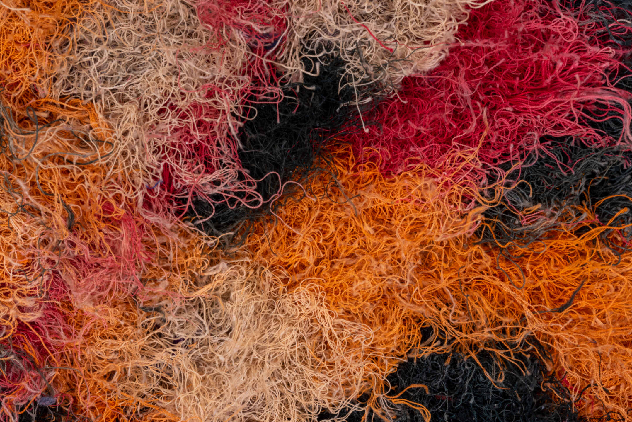 4' x 7' one-of-a-kind handmade vintage Rag Rug rug. Color palette: rose, orange, ivory, black, blush, peach, taupe, pink